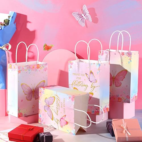 Miniatura 5 de TaoBary 24 bolsas de papel con asas para regalo de fiesta de mariposas, regalos de fiesta de cumpleaños, baby shower (estilo acuarela)