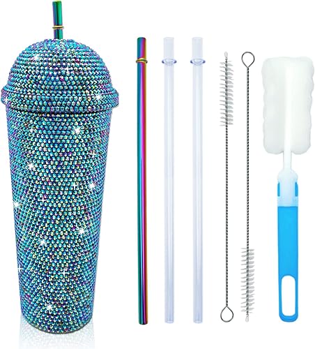 Miniatura 3 de Vaso de 24 onzas con diamantes de imitación hechos a mano con tachuelas, botella de agua reutilizable de plástico con doble pared con tapa y pajitas