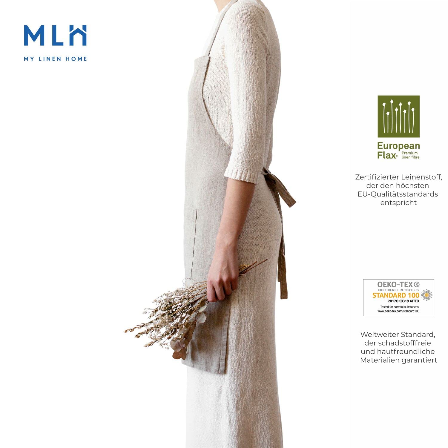 My Linen Home Leinen Kittelschürze aus 100% Stonewashed Leinen, Verstellbare Koch- und Küchenschürze für Damen und Herren mit Zwei Taschen