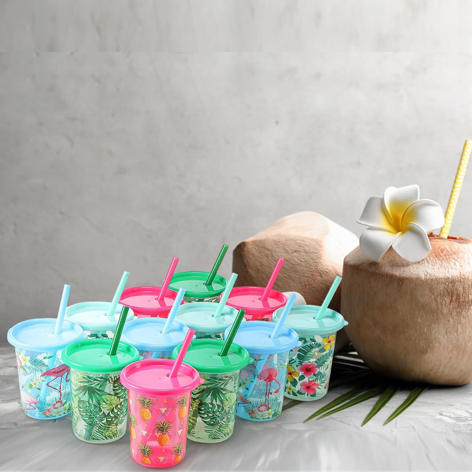 Nuanchu 24 Pcs Hawaii Cups with Straws and Lids 10 oz Tropical Plastic Reusable Cups Palm Leaves Flamingo Pineapple Hibiscus for Summer Party Gift