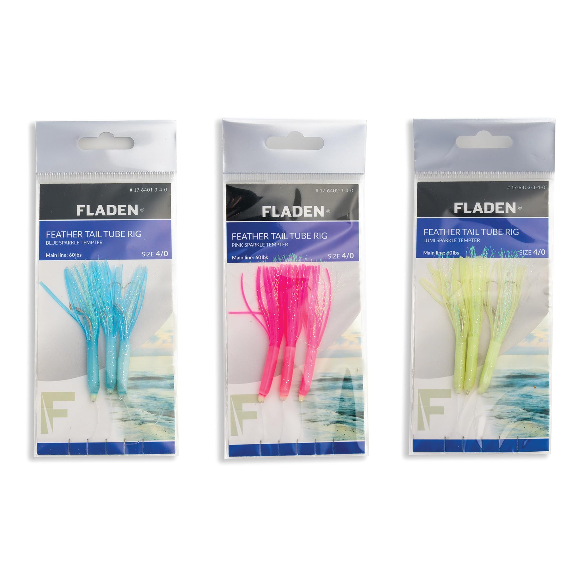 FLADEN Fishing - Single Packs of Sparkle Tempter Feather Tail Tube Rig - Ready to Use Tied Boat Wreck Sea and OffShore - 60lbs Mainline - 3 Hook - Size 4/0 - Assorted Colours