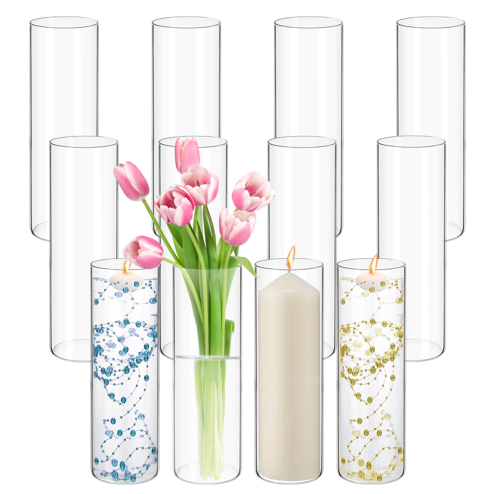 12 Pack Glass Cylinder Vases 14 Inch Tall Clear Flower Vases for Centerpieces, Hurricane Floating Candle Holder Wedding Decorations, Floral Simple