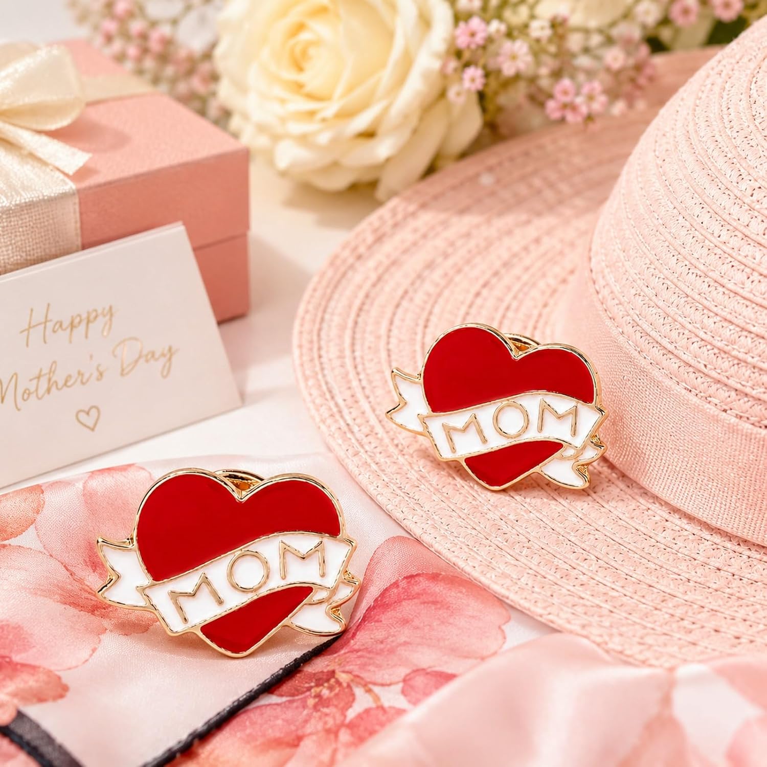 LUOZZY 12 pcs Gift for Mom, Heart Pins Red Enamel Heart Brooch with MOM Word Love Pin Clothing Brooch for Birthday Mothers Day