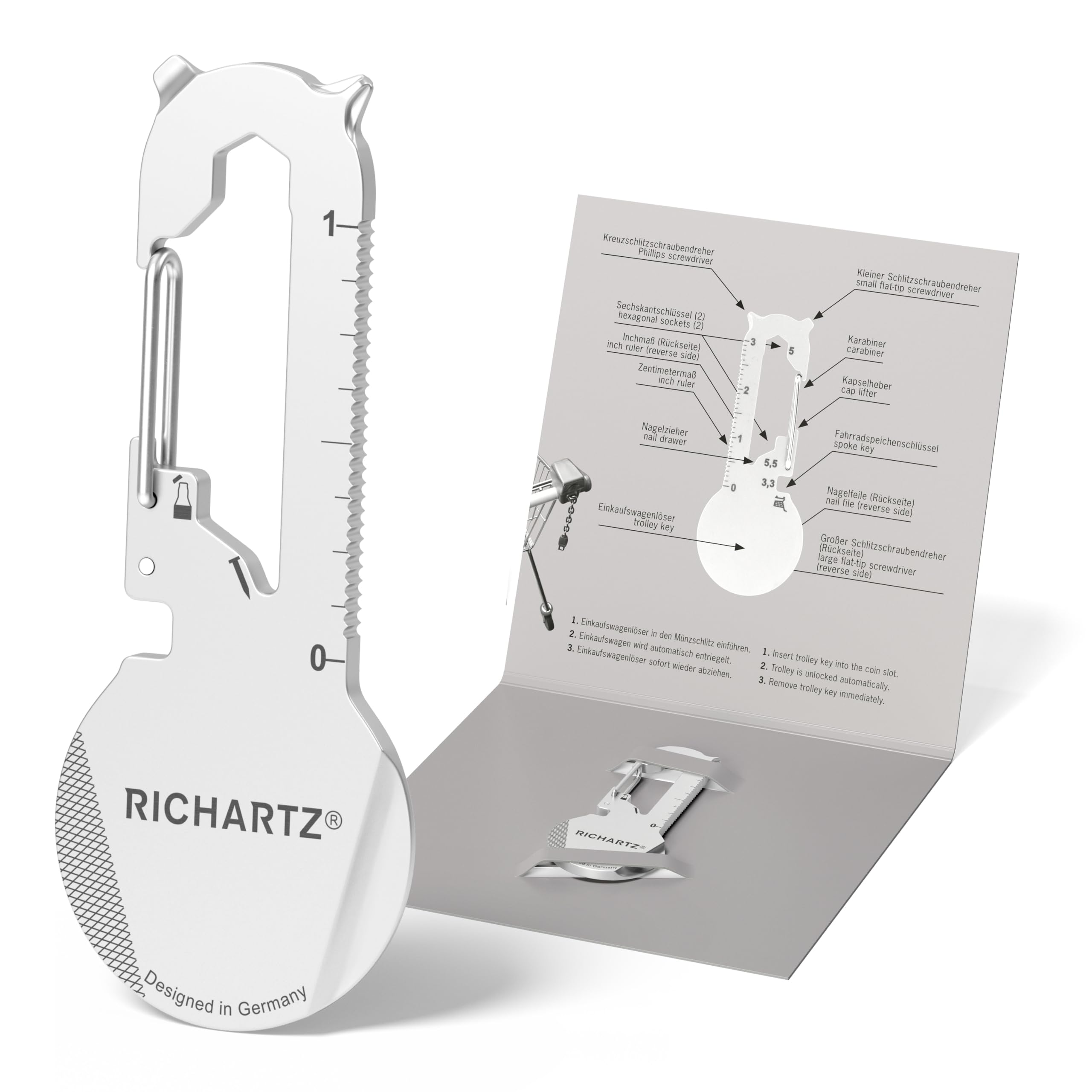 RICHARTZ Key Organiser Modern-1 | Multitool Keyring | 13 Practical Functions | High-Quality, Matt Blasted Stainless Steel | Key Ring Tool with Function Description