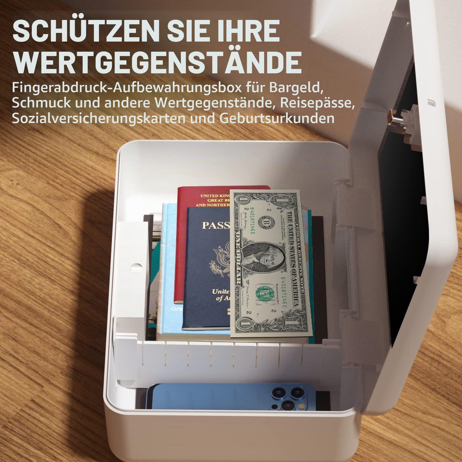 AICase Tresor mit biometrischer Fingerabdruckerkennung für unterwegs und zu Hause, Tragbare Sicherheitsbox mit Fingerprint und Morse-Code; Geldkassette, Wertschutztresore, Safe Deposit Box; Weiß