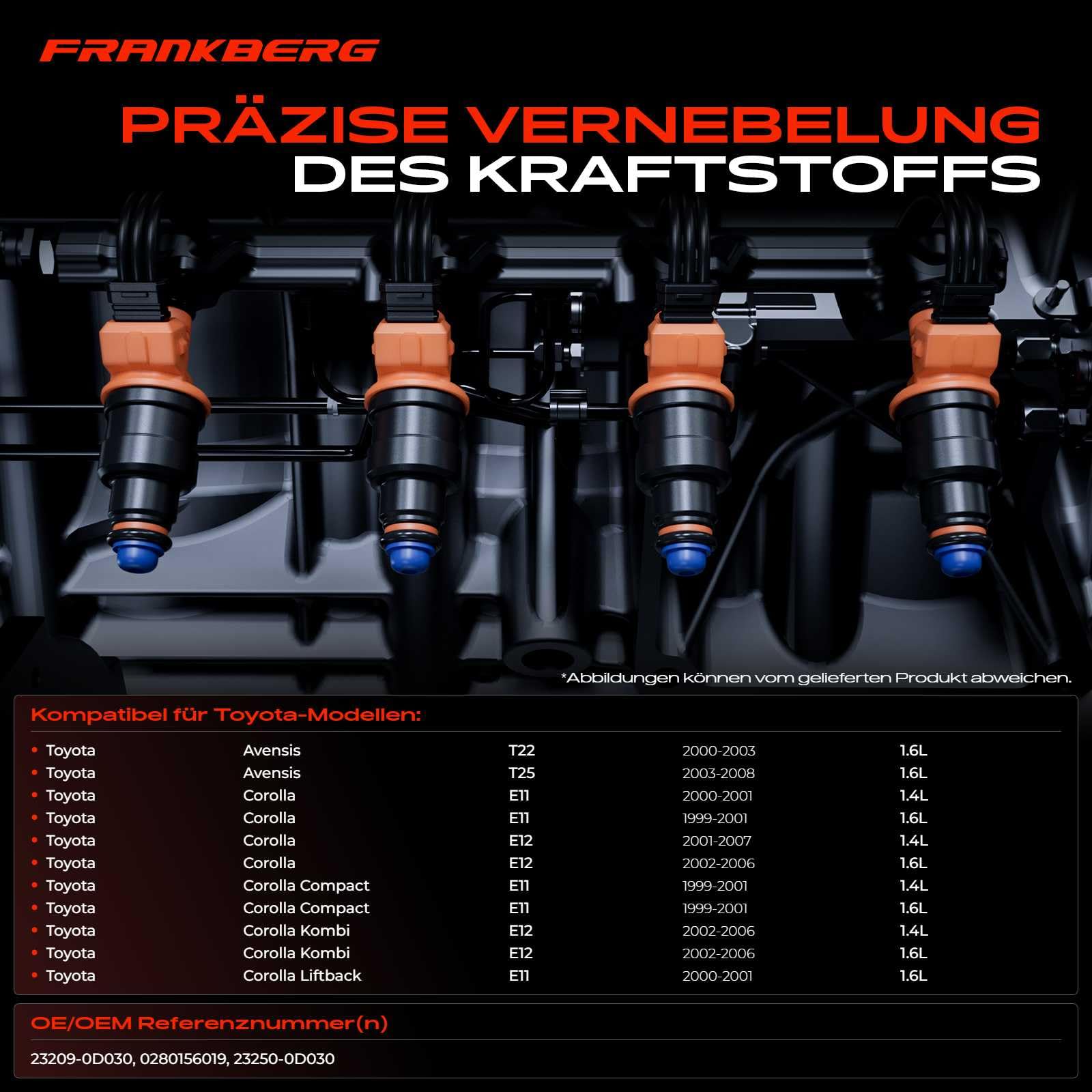 Frankberg 4 x wtryskiwacz wtryskiwaczy kompatybilny z Avensis T22 1,6 l 2000-2003 Corolla E11 1,4 l 2000-2001 Corolla Verso E12 1,6 l 2001-2004 zamiennik 0280156019