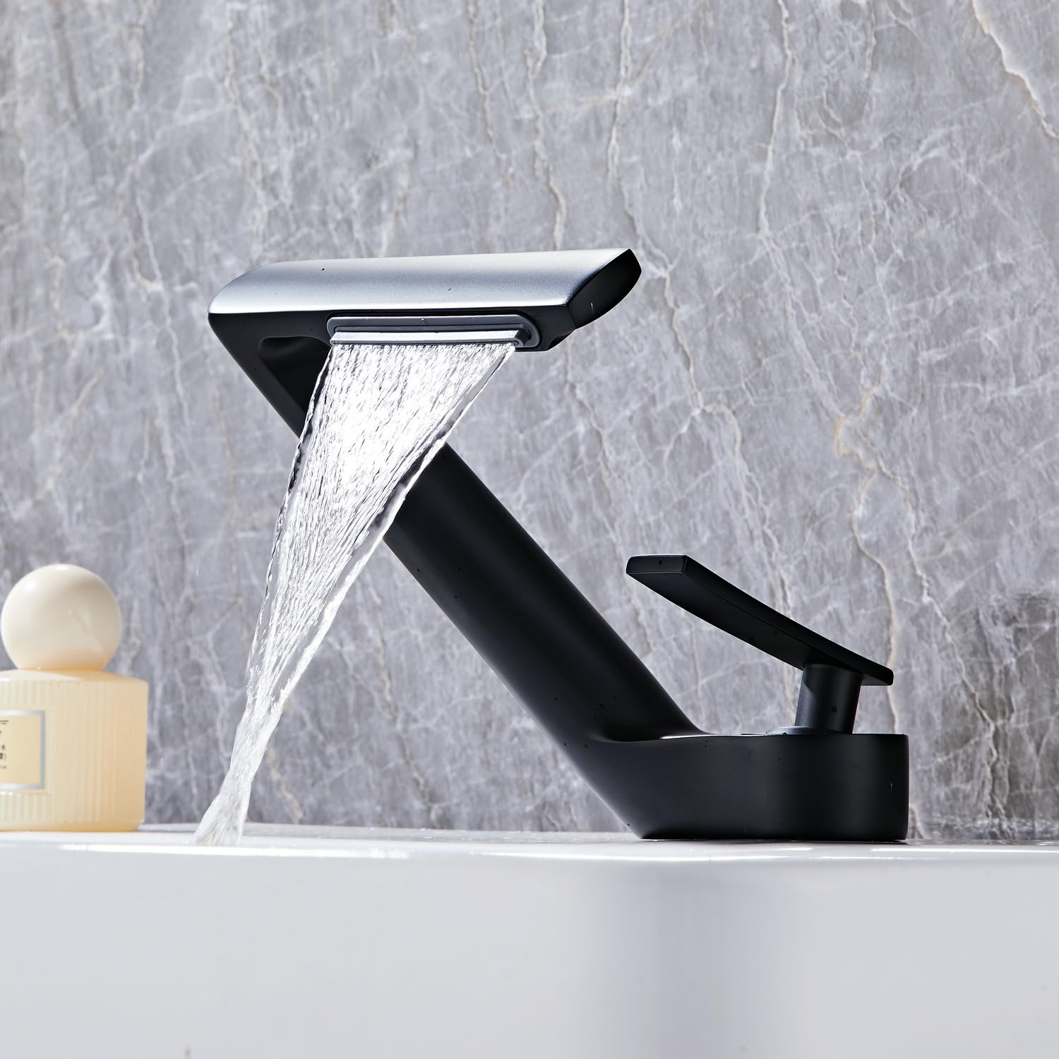 Robinet de salle de bain cascade SHUNLI noir mat à poignée unique pour évier 1 trou