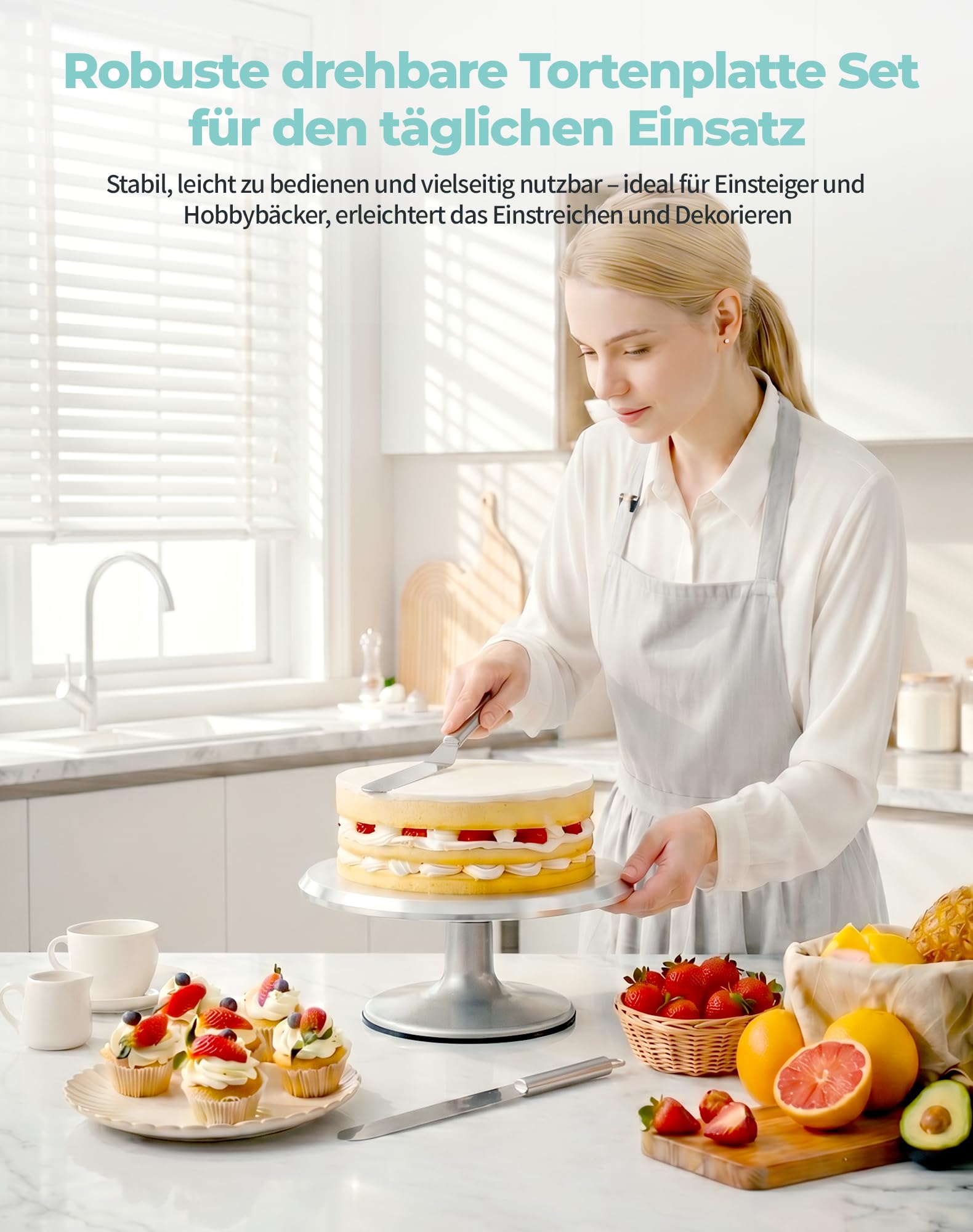 Piatto girevole per torte da 30 cm in alluminio, piatto girevole per torte con rotazione silenziosa a 360°, base antiscivolo, set di accessori per torte con spatola e spatola lisciante