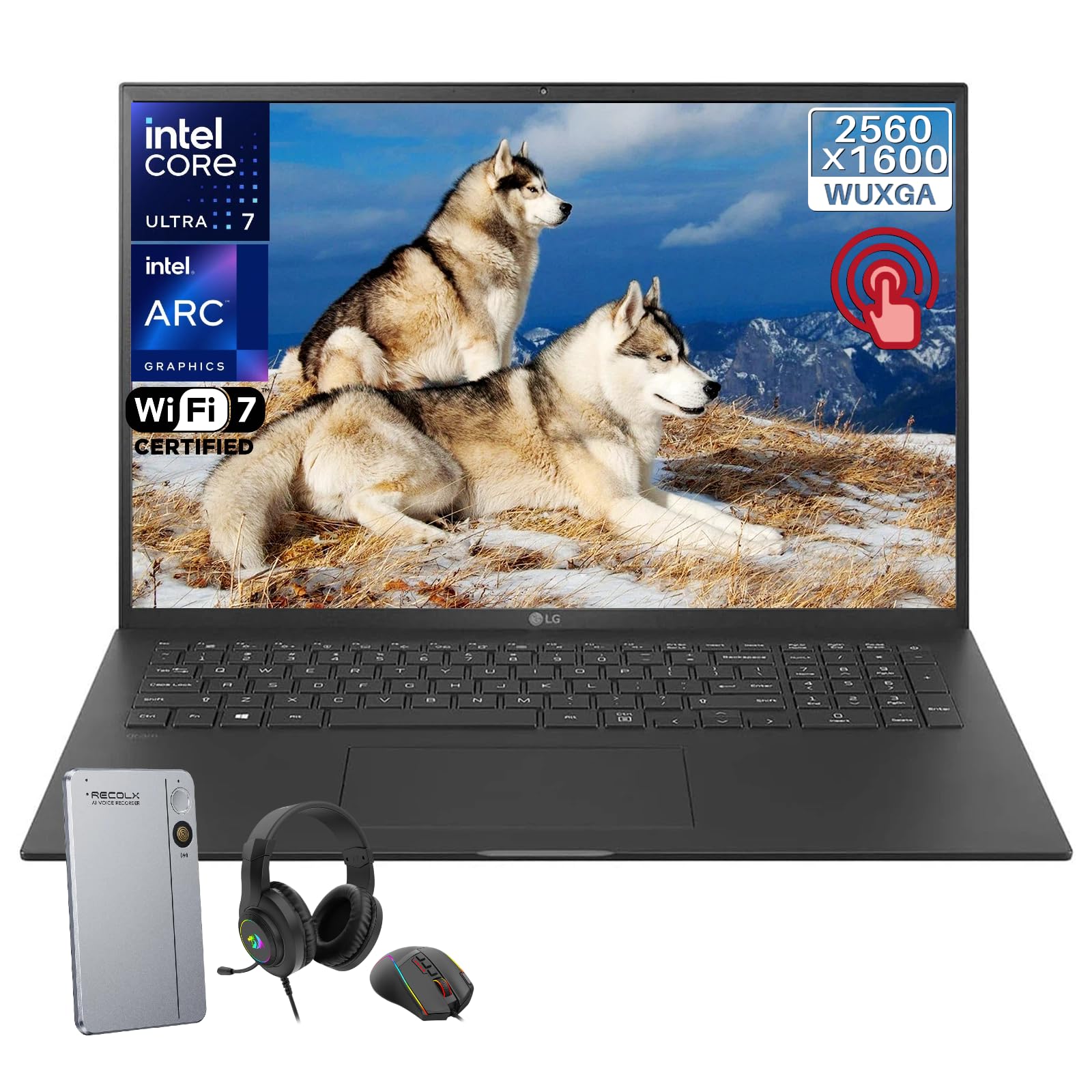 LG Gram 17 Laptop for Business, Intel Ultra7 258V, 32 GB RAM 8533MT/s, 1 TB SSD, Copilot+ PC, 17" 2560x1600 Touchscreen, WiFi 7, Win11 Pro, Backlit KB, W/RECOLX AI Voice Recorder, REDRAGON Accessories