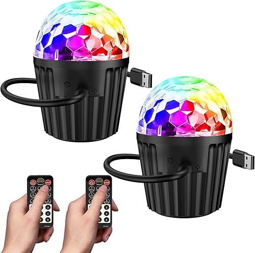 memzuoix Paquete de 2 mini luces de bola de discoteca portátiles para fiesta, luz estroboscópica RGB DJ con control remoto y cable USB, luces de