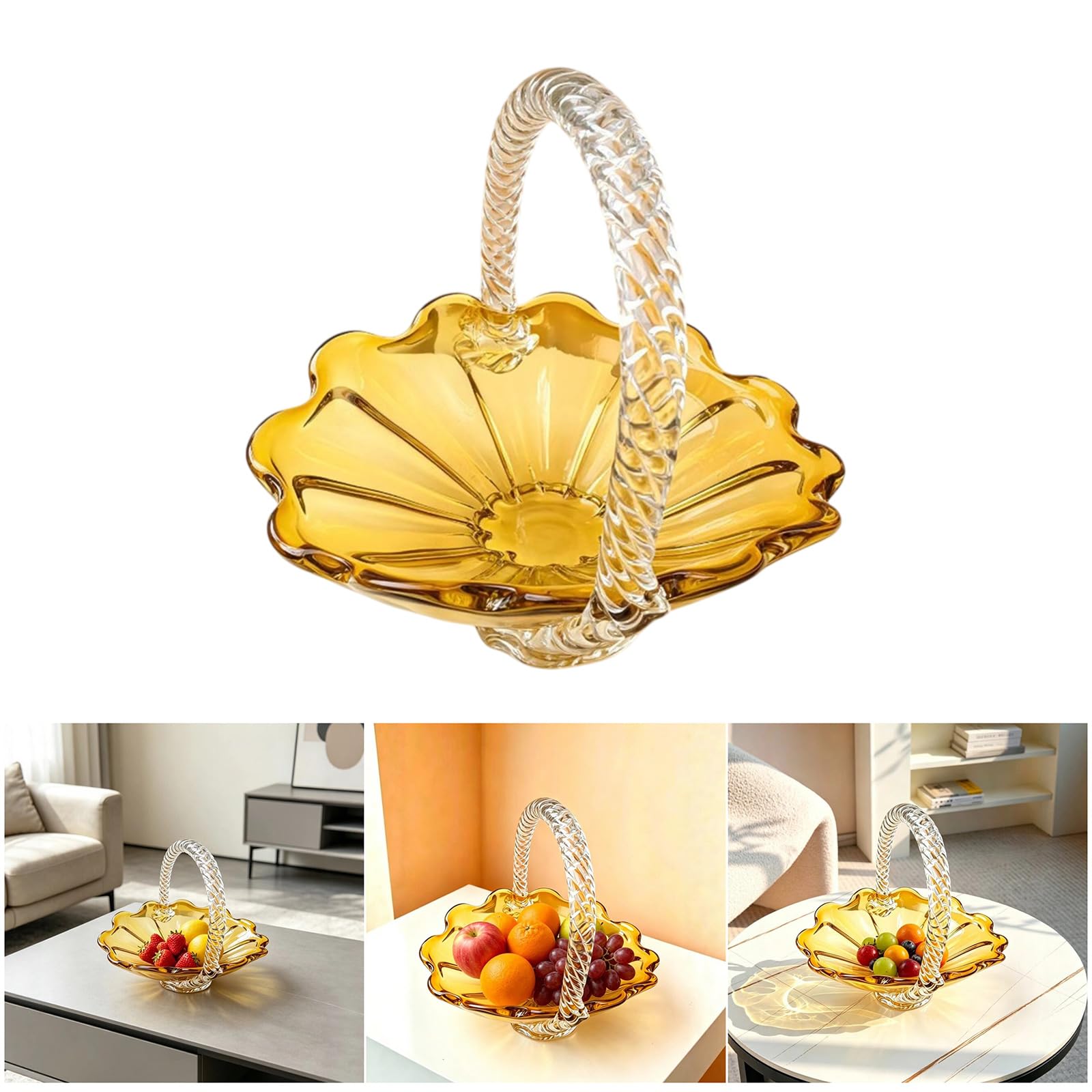 Bandeja de vidrio para servir con mango trenzado, cuenco translúcido perfecto para frutas, aperitivos y platos de vidrio para servir interiores