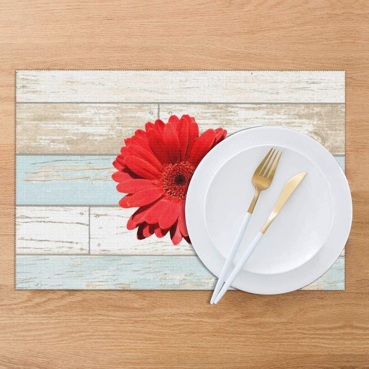 Hot Red Daisy Flowers On Rustic Wood Placemats Set of 6, Non Slip Heat-Resistant Washable Table Place Mats for Kitchen Dining 12 X 18 Inch