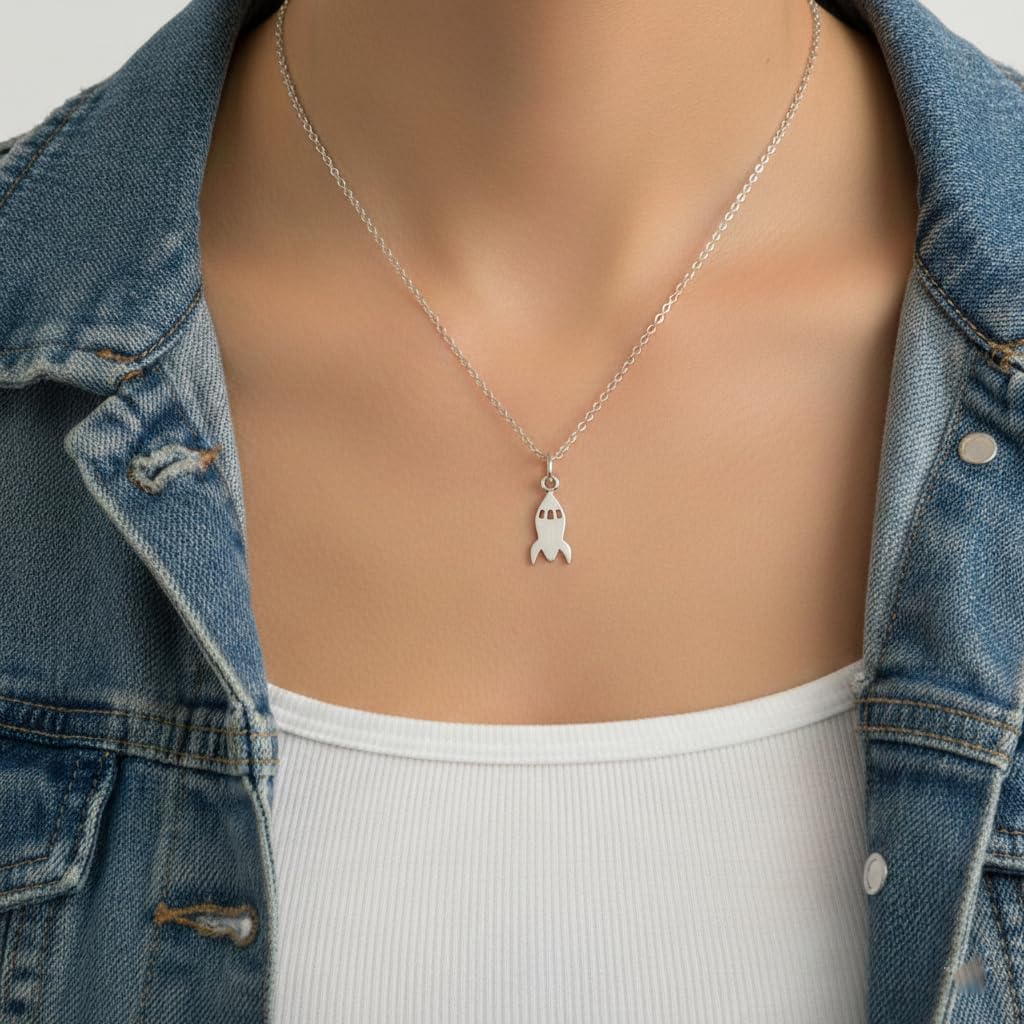 EnCharmed Tiny Retro Rocket Ship Charm Necklace for Women, Sterling Silver Dainty Handmade Necklace, Outer Space Sci-Fi Pendant, Everyday Minimal Layering Jewelry, 18"