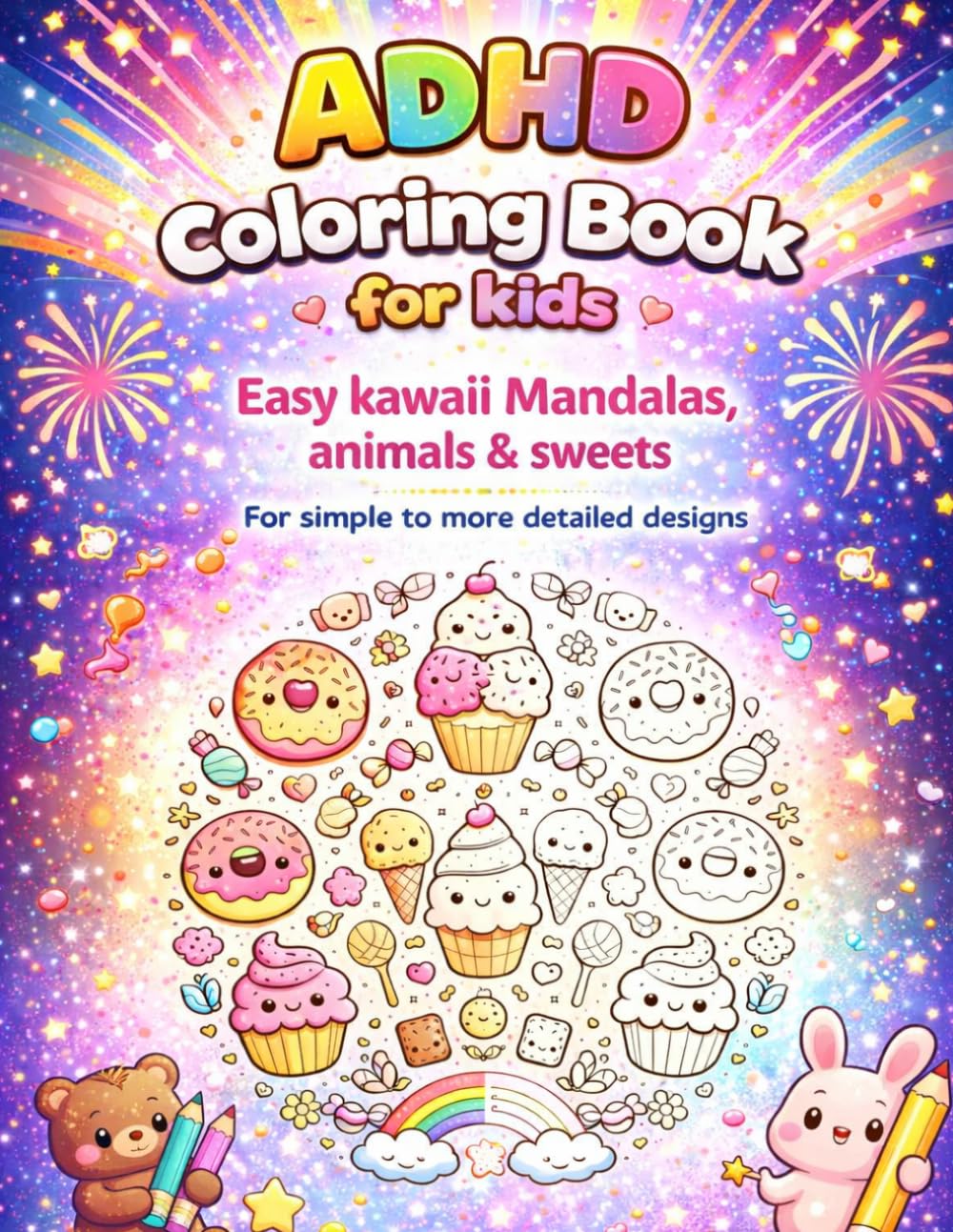 ADHD Coloring Book for Kids: Easy Kawaii Mandalas, Animals & Sweets