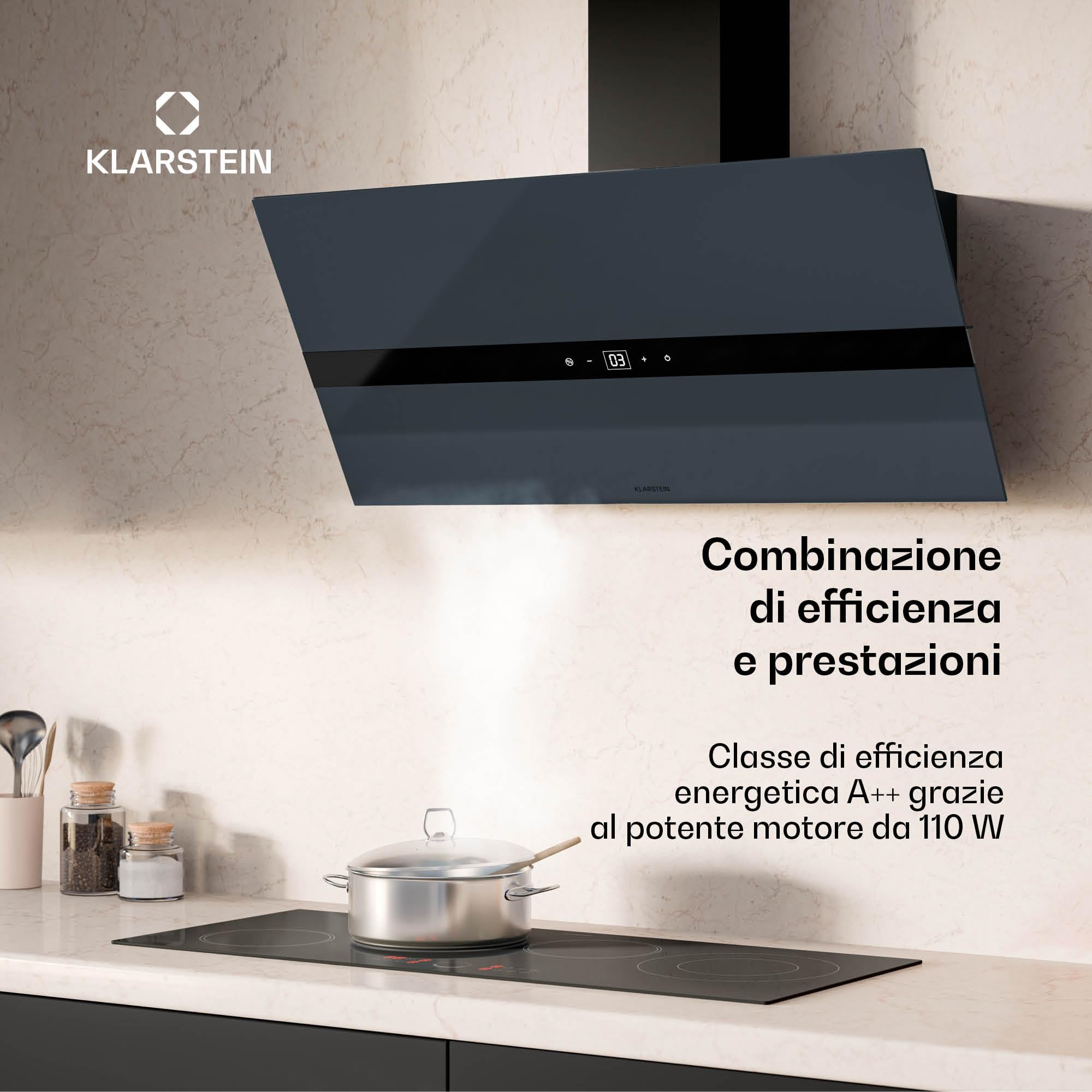 Klarstein WiFusion - Cappa da Cucina, 90cm, Cappa Aspirante, 690 m³/ora, Controllo WiFi & Touch, LED 6000-6500K, Efficienza Energetica A++, Motore: 110W, Grigio-Blu