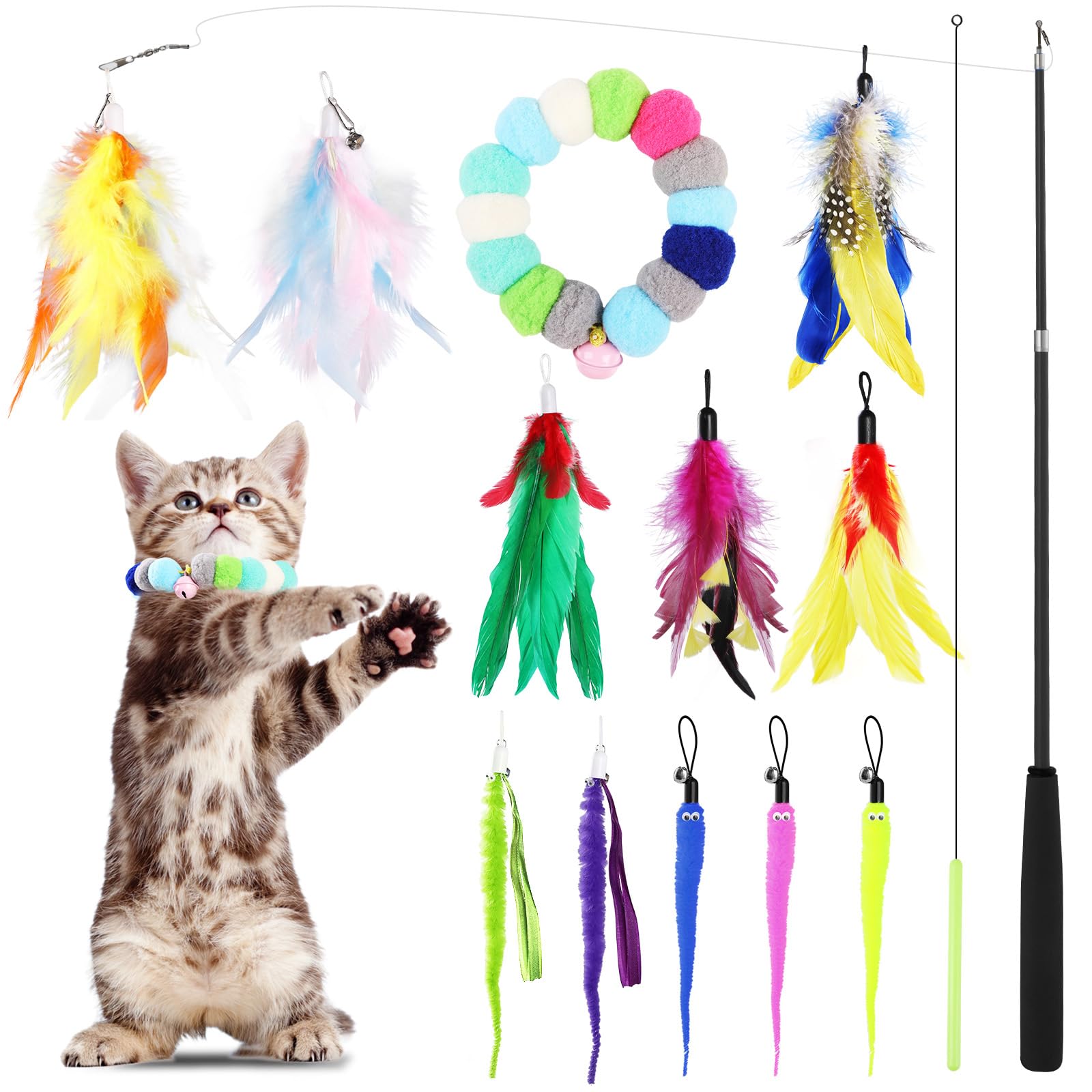 GeeRic Interactive Cat Teaser Toys Set, 14PCS Feather Toys & Furry Caterpillar Toys with Choker, Flexible Poles