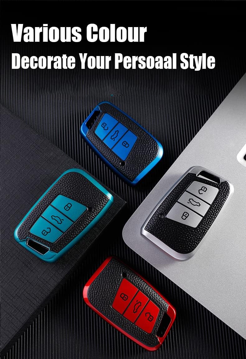 HIBEYO TPU Car Key Fob Cover with Keychain fits for Volkswagen VW Atlas Golf Alltrack Jetta Passat Tiguan Arteon Car Key Case Cover Jacket Leather Texture Smart Remote Car Key Holder 3 Button Silver