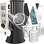 Cambom Rotary Cheese Grater Hand Crank Cheese Shredder for Fresh Cheese, Vegetable, Nuts,Non-slip Suction Base, Free Cleaning Brush Three Blades, Black