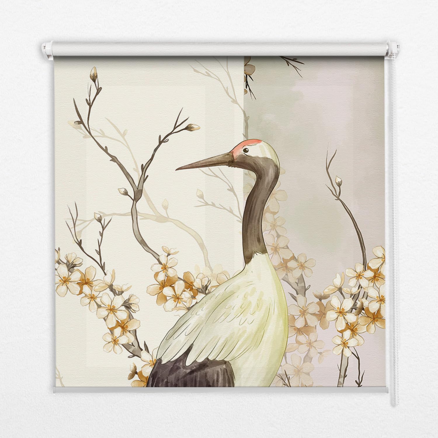 Store enrouleur permeable motif grue en brousse toile tamisante 50x50