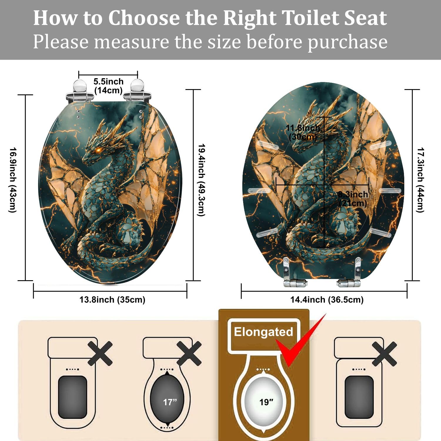 Asiento de inodoro alargado con de liberación rápida y cierre silencioso. Decoración para el baño.