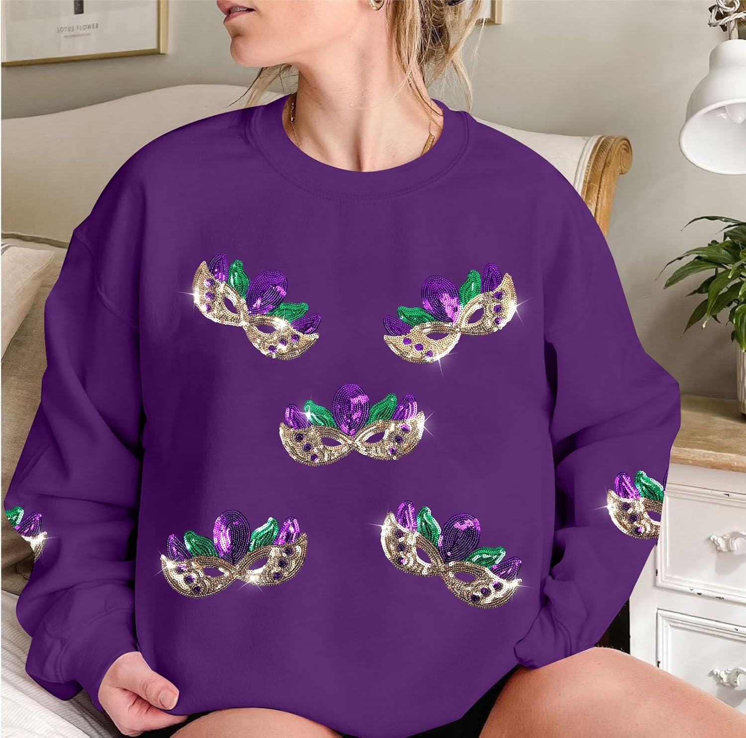 ASTANFY Womens Mardi Gras Sweatshirt Carnival Sequin Purple Sweater Masks Graphic Shirt Crewneck Long Sleeve Tops - Image 2