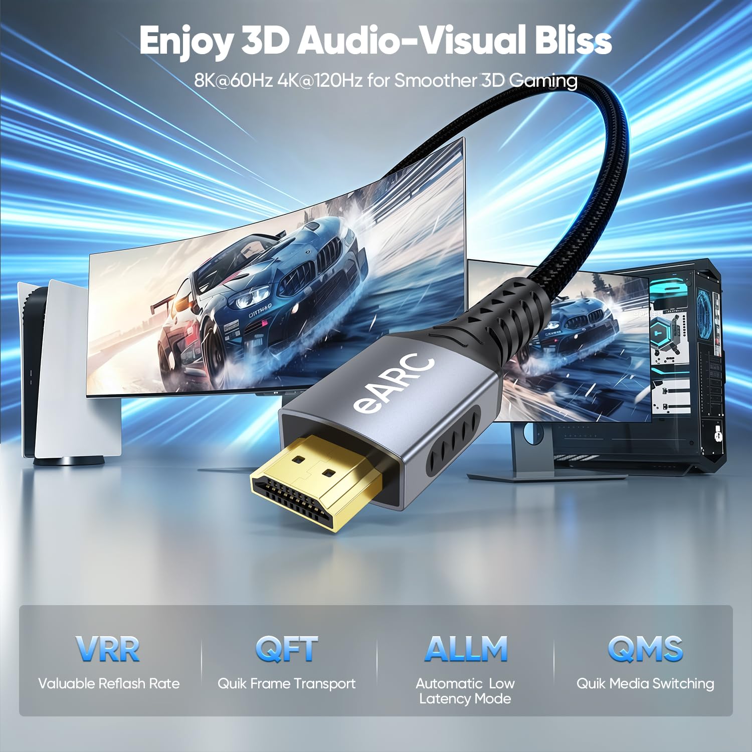 Cable HDMI ARC/eARC 8K para barra de sonido de 2 m, HDMI 2.1 de alta velocidad 48Gbps, cable trenzado 8K @60Hz 4K a 120Hz compatible con Dolby Atmos/DTS:X, HDCP 2.3, HDR10 para TV, PS5, Vizio/Sono