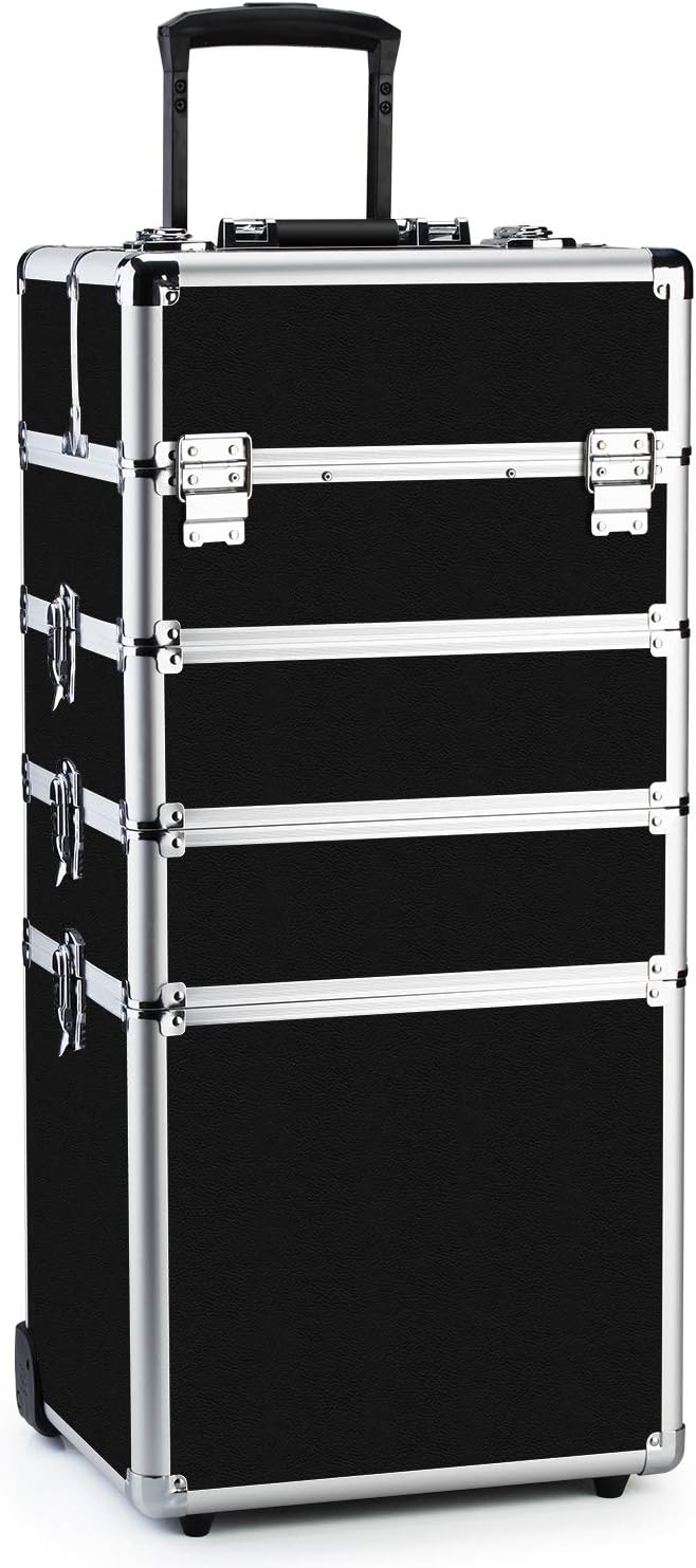 OUDMAY Makeup Train Case 4 in 1 Professional Cosmetics Rolling Organizer Aluminum Frame and Folding Trays