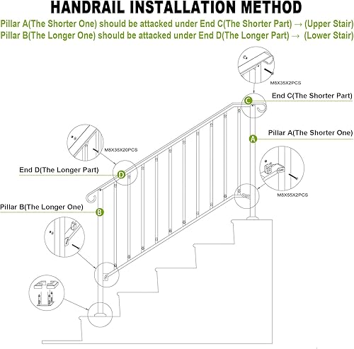 Miniatura 3 de Zwinz Pasamanos ajustables para escalones al aire libre, pasamanos #4 para 4 o 5 pasos, pasamanos de hierro forjado mate, riel de escalera con kit