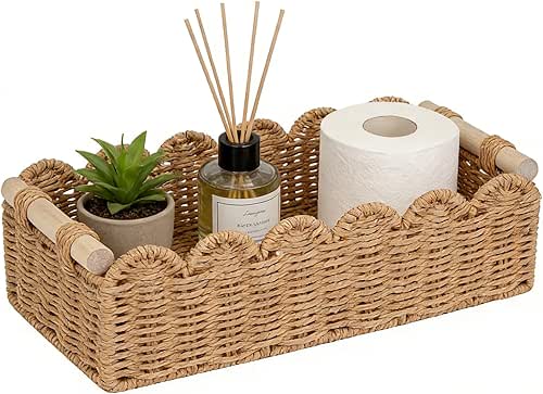 Upgraded Paper Rope Scalloped Edge Toilet Paper Storage Basket, Small