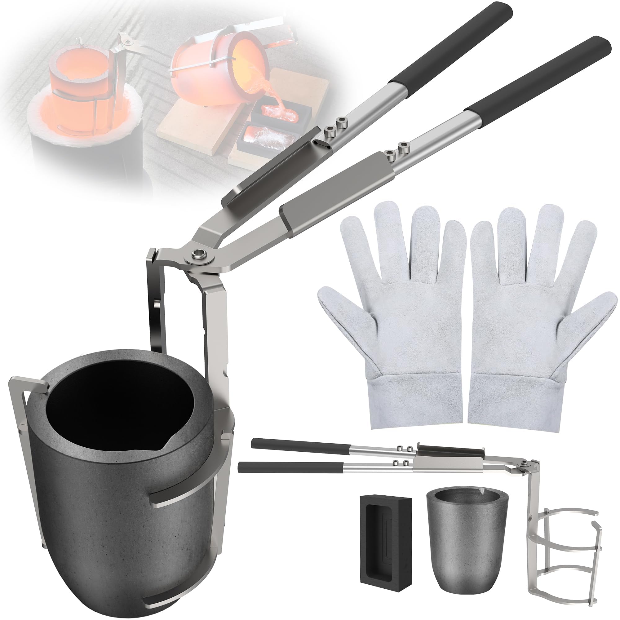 Photo 1 of [Updated] 6kg Crucible Tongs Set for Melting Metal, Lifting & Pouring Tongs w/Graphite Crucible,Graphite Ingot Mold and Gloves,for Casting and Melting Metal, Jewelry Casting Tools