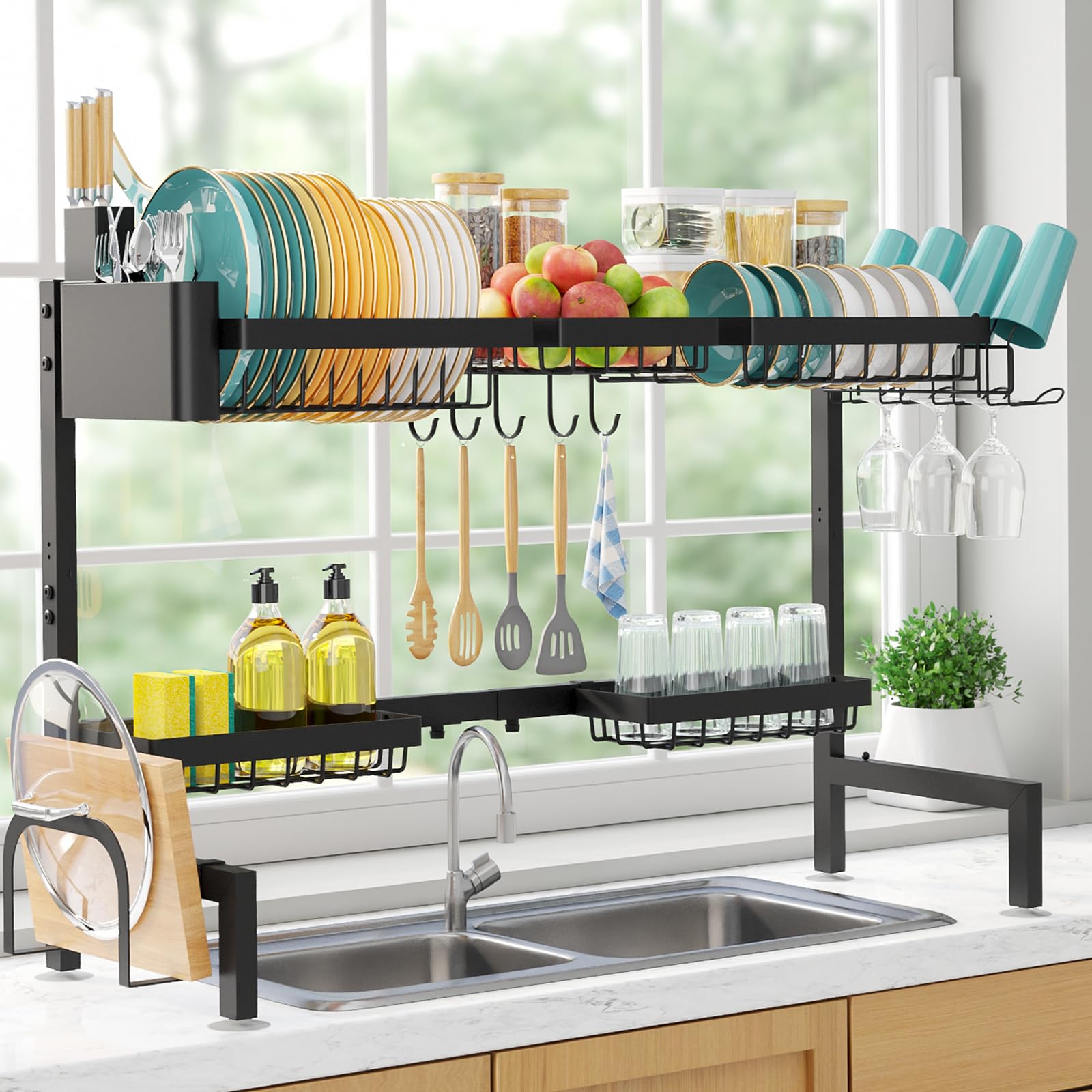 Photo 1 of Sakugi Over The Sink Dish Drying Rack - Adjustable 2 Tier X-Large Capacity Stainless Steel Drainer with Cutlery & Utensil Holders, Kitchen Storage & Organization, 32"-39.5" L x 12" W x 25" H, Black
