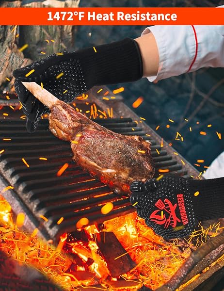 Beesgarden Grillhandschuhe Hitzebeständig bis 800°C Extrem Hitzebeständige, Feuerfest Ofenhandschuhe Topfhandschuhe BBQ Kochhandschuhe Backhandschuhe, Ideale für Ofen, BBQ, Kochen, Schwarz (L/XL/XXL) - 5