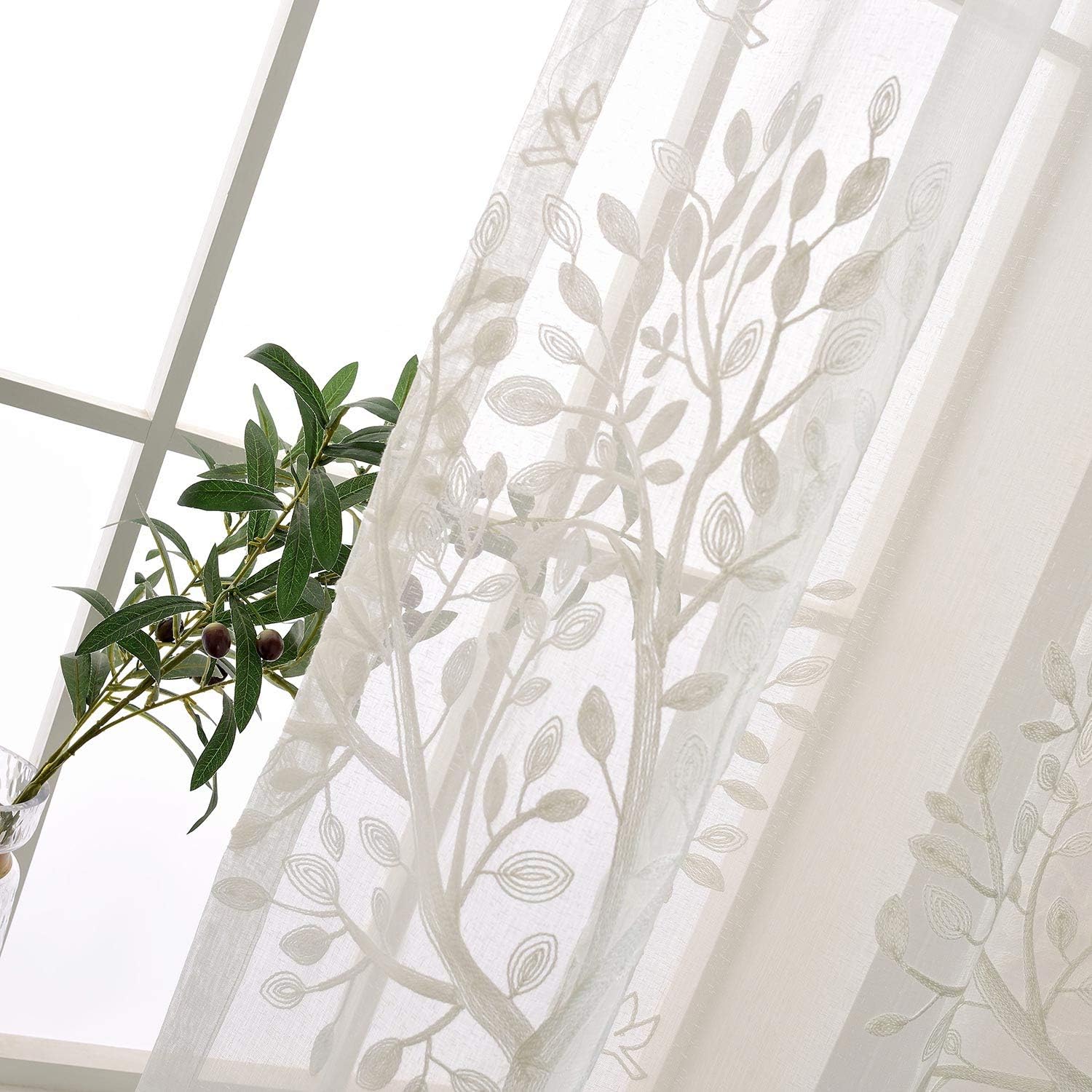VOGOL Sheer White Curtains 84 Inches Long, Tree Embroidered Lightweight Voile Drapes for Farmhouse, 2 Panels Country Style Rod Pocket Window Treatment for Office, 52 x 84