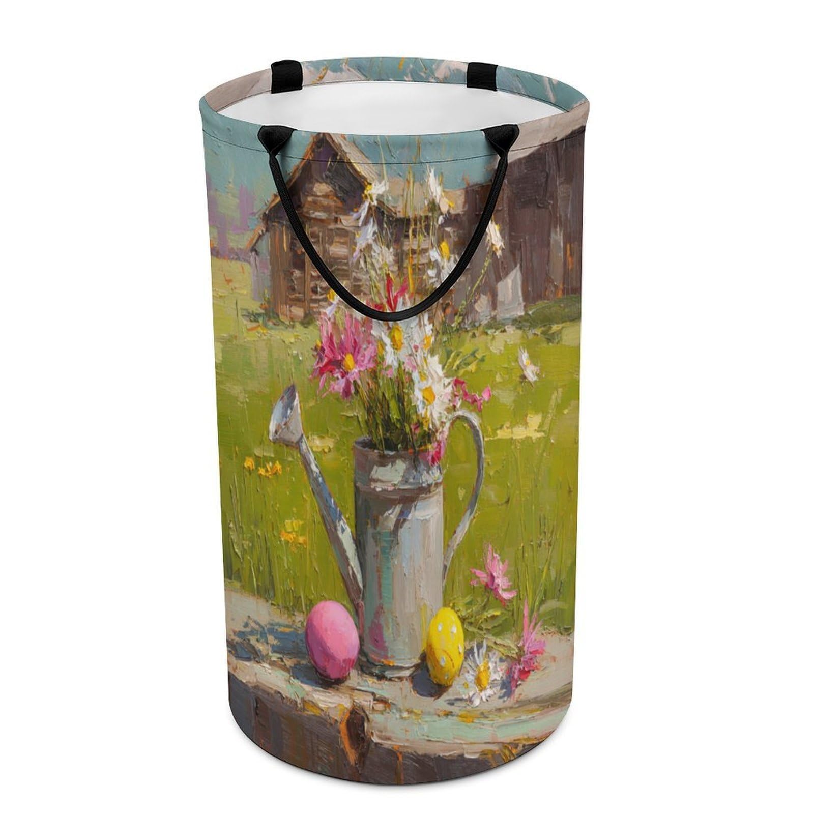 LUYYSKY Vintage Realistic Daisies Floral Collapsible Dirty Clothes Basket, Mid Century Retro Spring Mountain Log Cabin Barn Portable Clothes Storage Laundry Basket-40 CM Dia, 69 CM High
