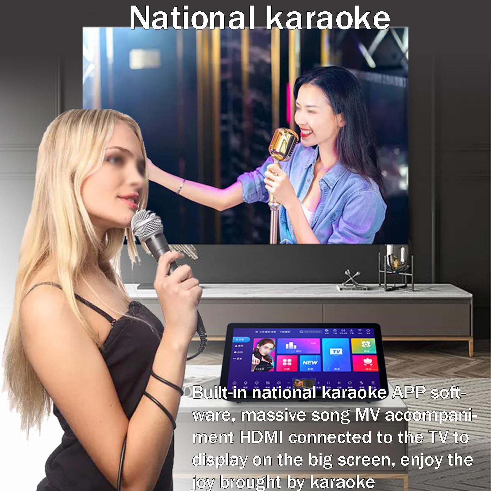 Máquina de karaoke de pantalla táctil con micrófonos inalámbricos, control de aplicación, juego en línea/fuera de línea, función amplificador, más de 20 idiomas para fiestas de karaoke en casa