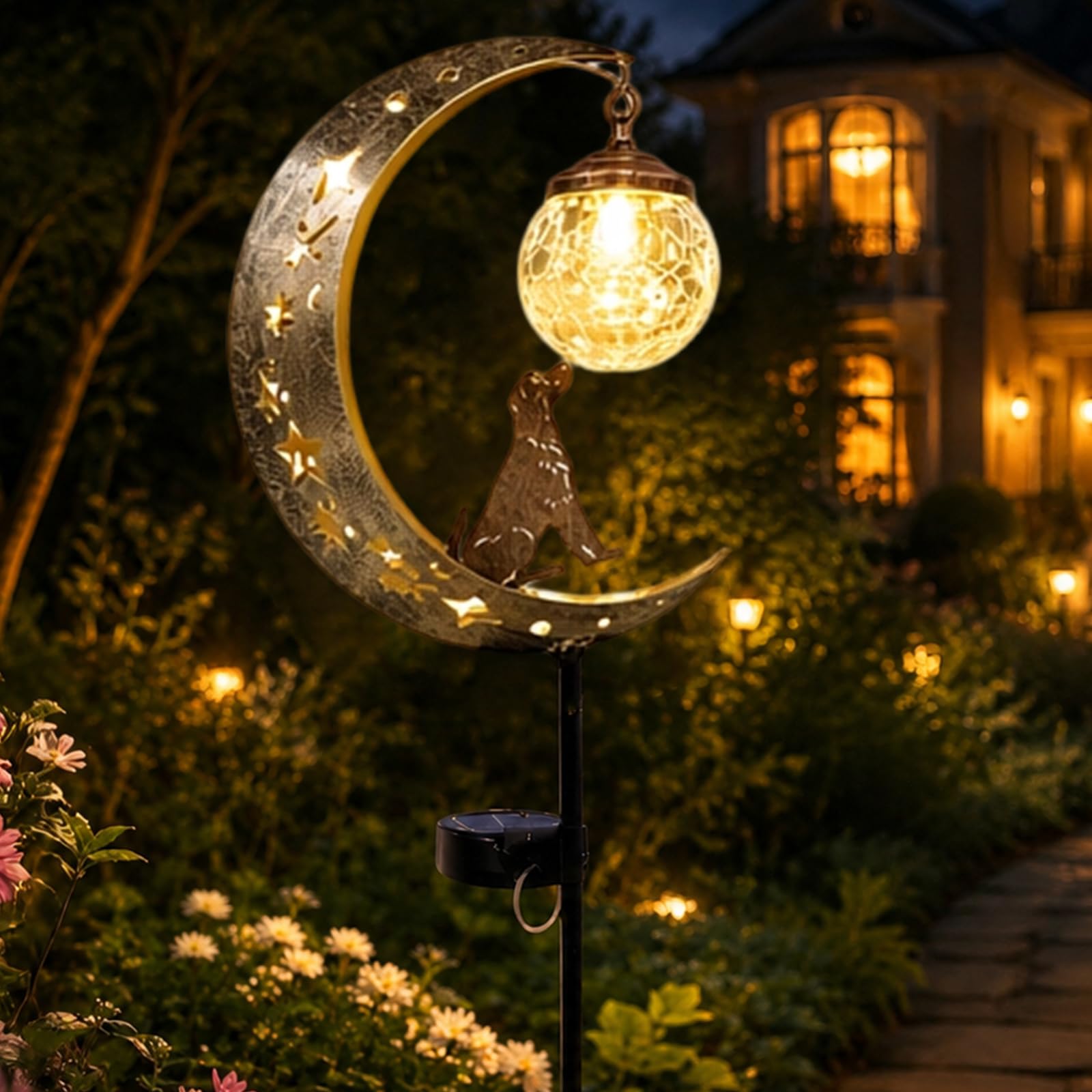 Moon Solar Garden Stake Light, Waterproof Half Moon LED Pathway Decor, Metal Solar Dog Garden Ground Light, Metal Crescent for Outside Yard Patio Lawn Outdoor Decor