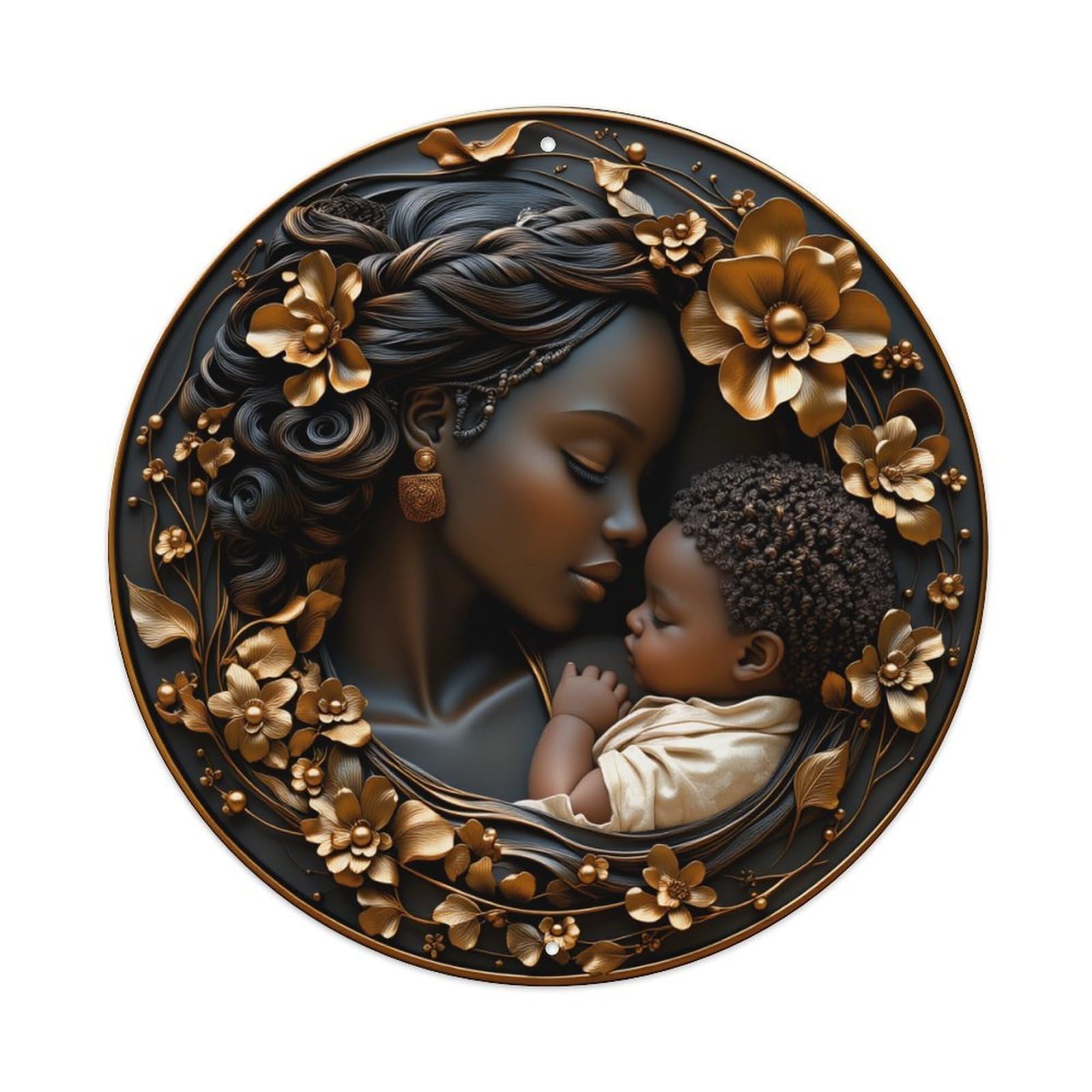 Mother And Child Floral Artwork Round Tin Sign Vintage Metal Poster, Home Bar Garage Man Cave Cafe Indoor & Outdoor Wall Decoration 8x8Inches