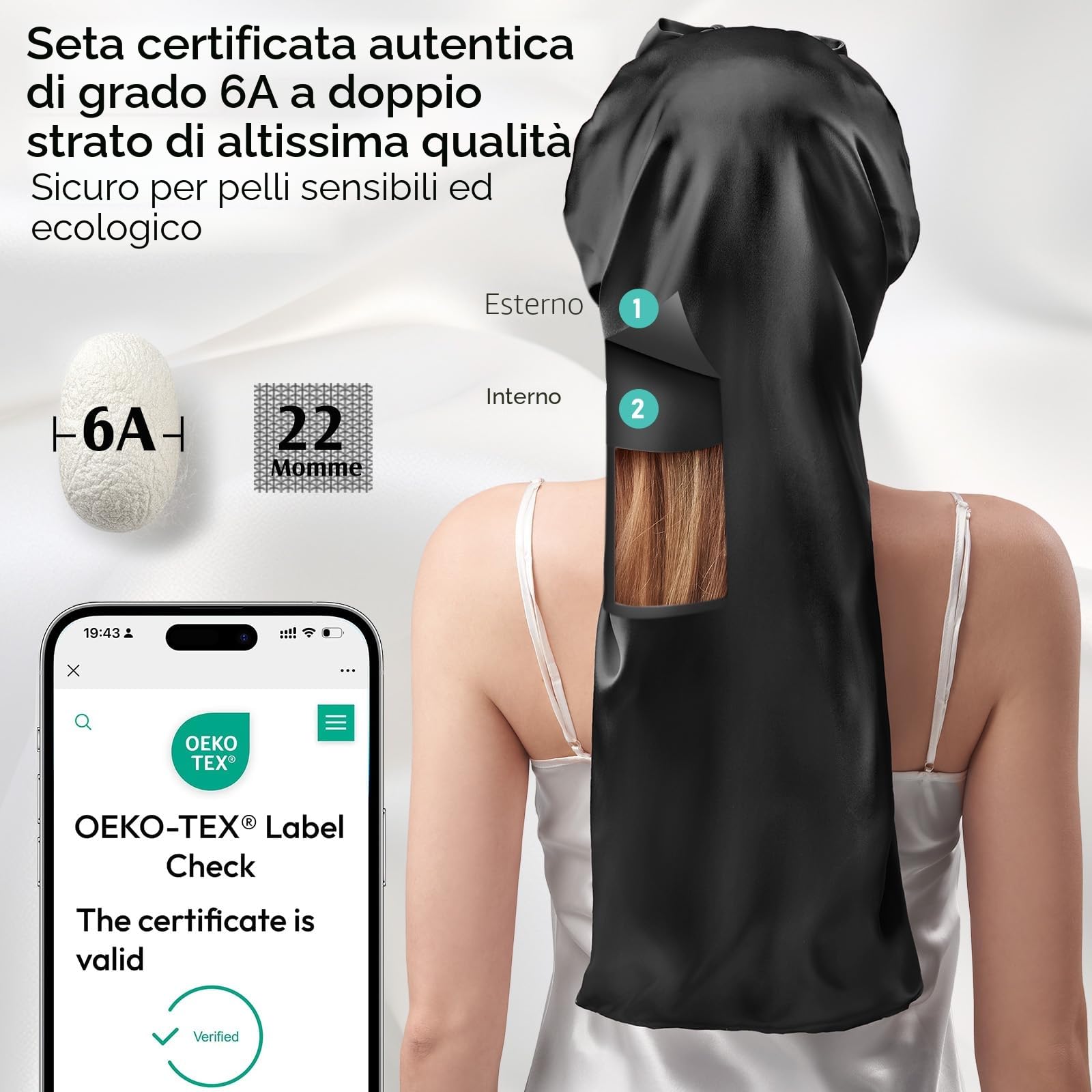 Umisleep 22 Momme 100% Seta di gelso, Double Face, Morbido Berretto da Notte per Capelli voluminosi, Traspirante, Fascia Larga Regolabile