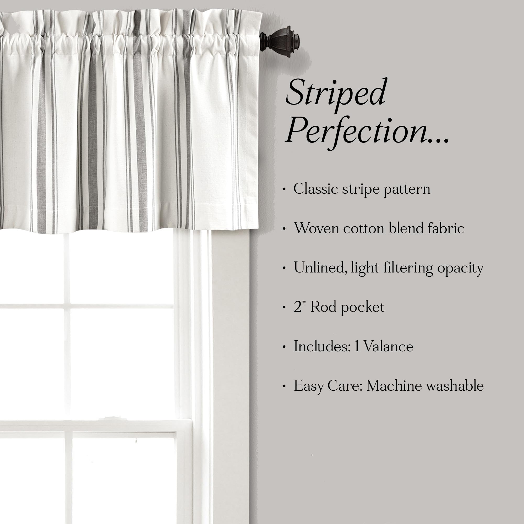 Lush Decor Farmhouse Stripe Yarn Dyed Recycled Cotton Window Curtain Valance, 18" L x 52" W, Gray - Classic Modern Rustic Charm - Eco Friendly Cotton Fabric