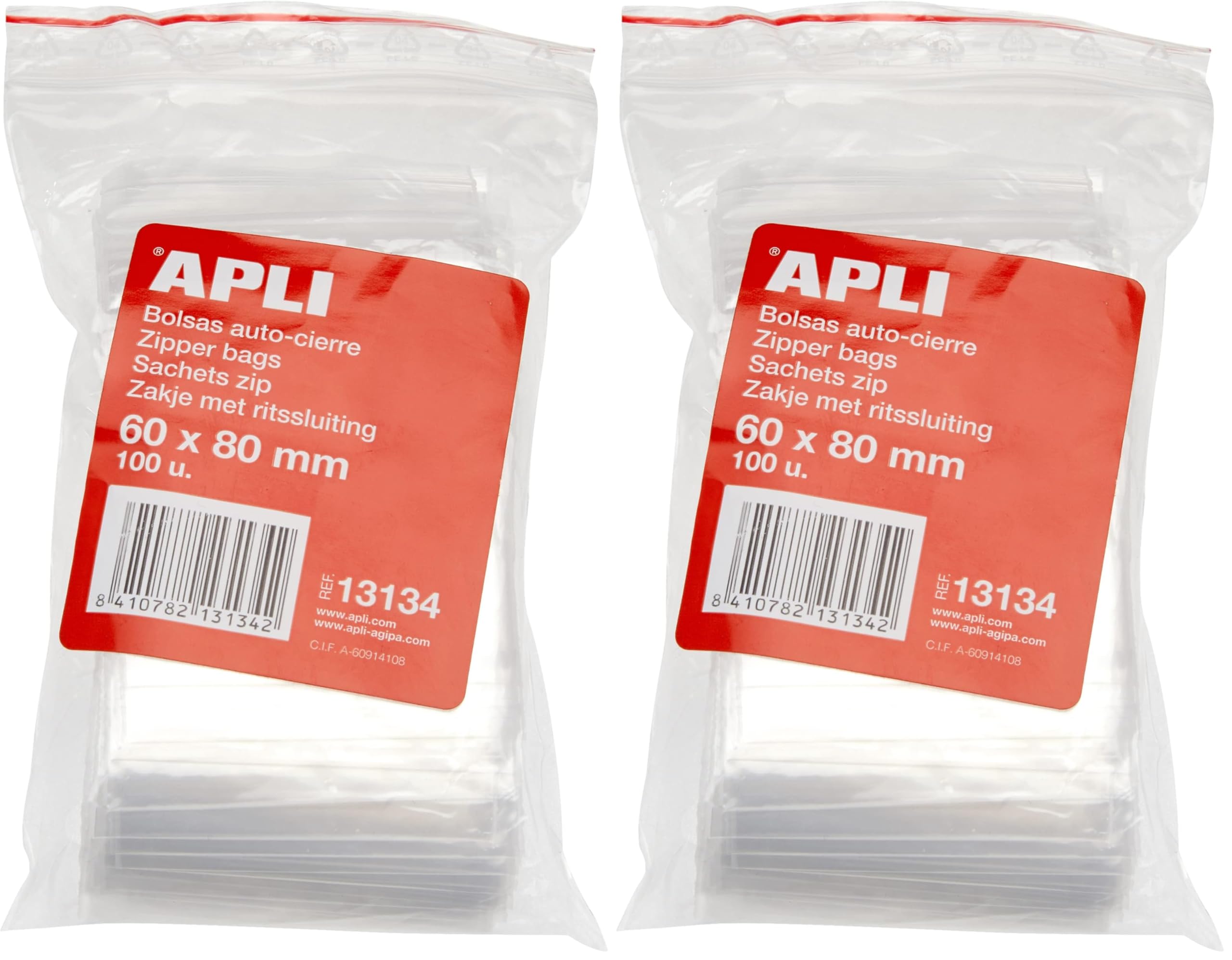 APLI - Confezione di 100 sacchetti di plastica richiudibili 60 x 80 mm (Confezione da 2)