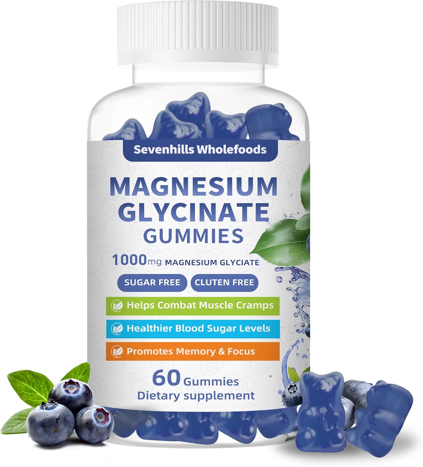 Magnesium Glycinate Gummies 1000mg – Sugar Free Magnesium Potassium Supplement for Relaxation, Calm, Stress Relief, and Sleep Support for Adults & Kids – 60 Blueberry Gummies