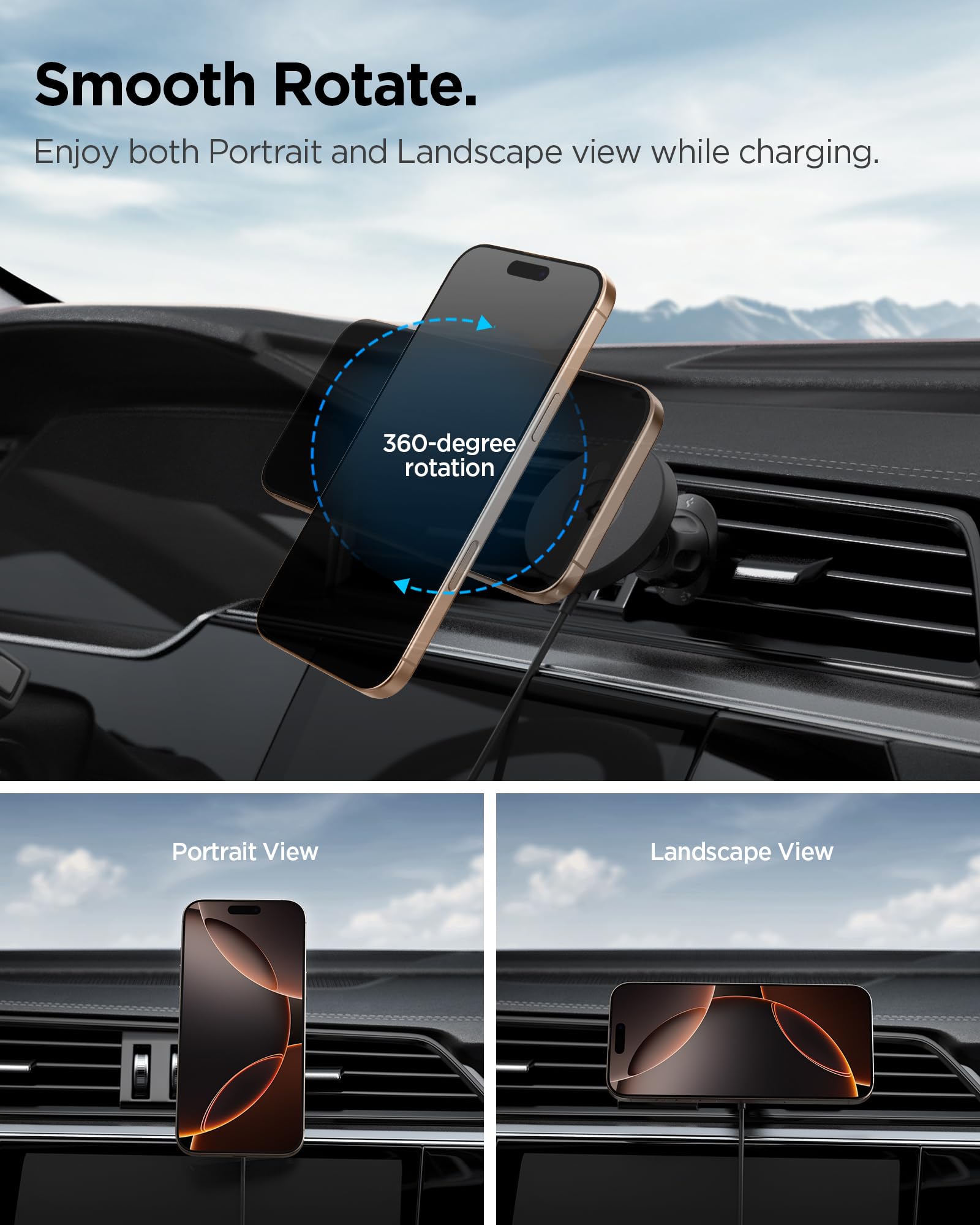 Spigen OneTap Pro 4 MagFit Qi2 15W Cargador Inalámbrico MagSafe Rápido para Montaje en Automóvil, Soporte para Teléfono para Automóvil, Compatible con iPhone 16, 15, 14, 13, 12 Series - Ventilación