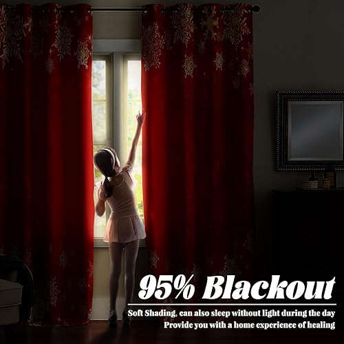 Miniatura 4 de Renaiss Cortinas opacas de Feliz Navidad, copos de nieve blancos, flor de pascua, cortinas de ventana de dormitorio rojas con aislamiento térmico