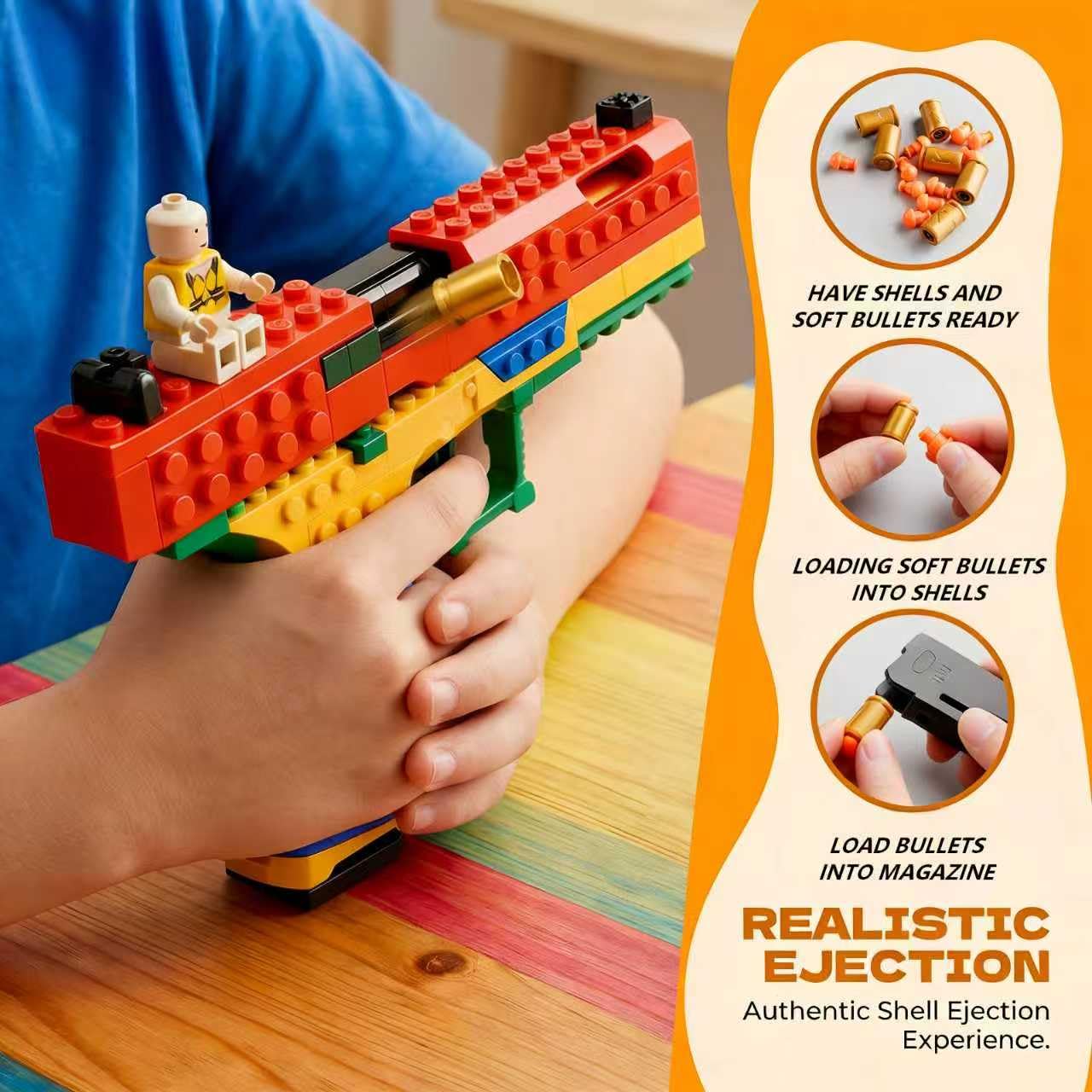 Pistola giocattolo a blocchi da costruzione, pistola automatica a espulsione con guscio con divertimento fai da te, si adatta alla maggior parte dei sistemi di mattoni da costruzione, include figurine