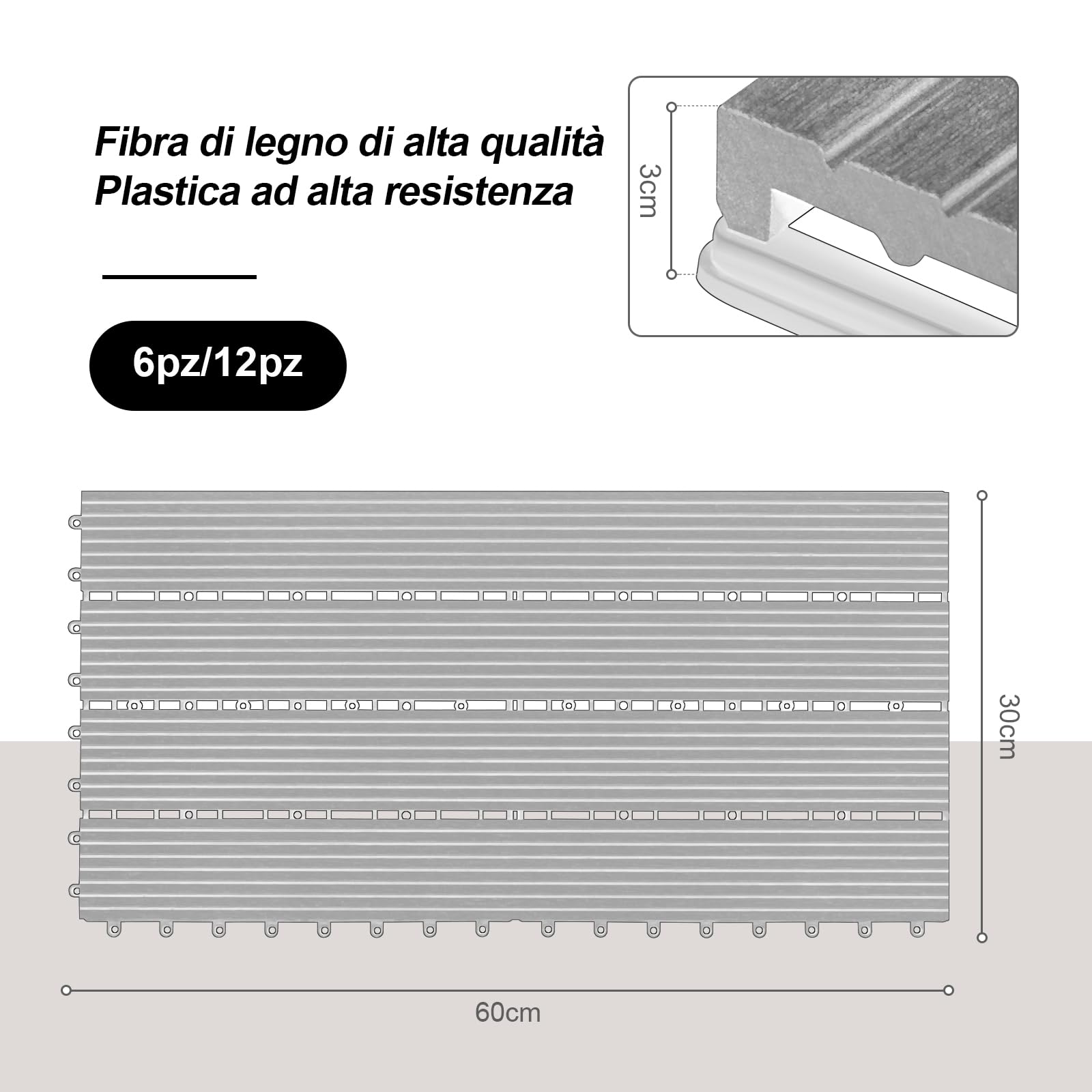 Laneetal Set di 12 Pavimento per Esterno, Pavimento WPC Incastro, per Giardino, Patio, Terrazza, Balcone, Pavimentazione Esterna 30x60 cm, Antracite