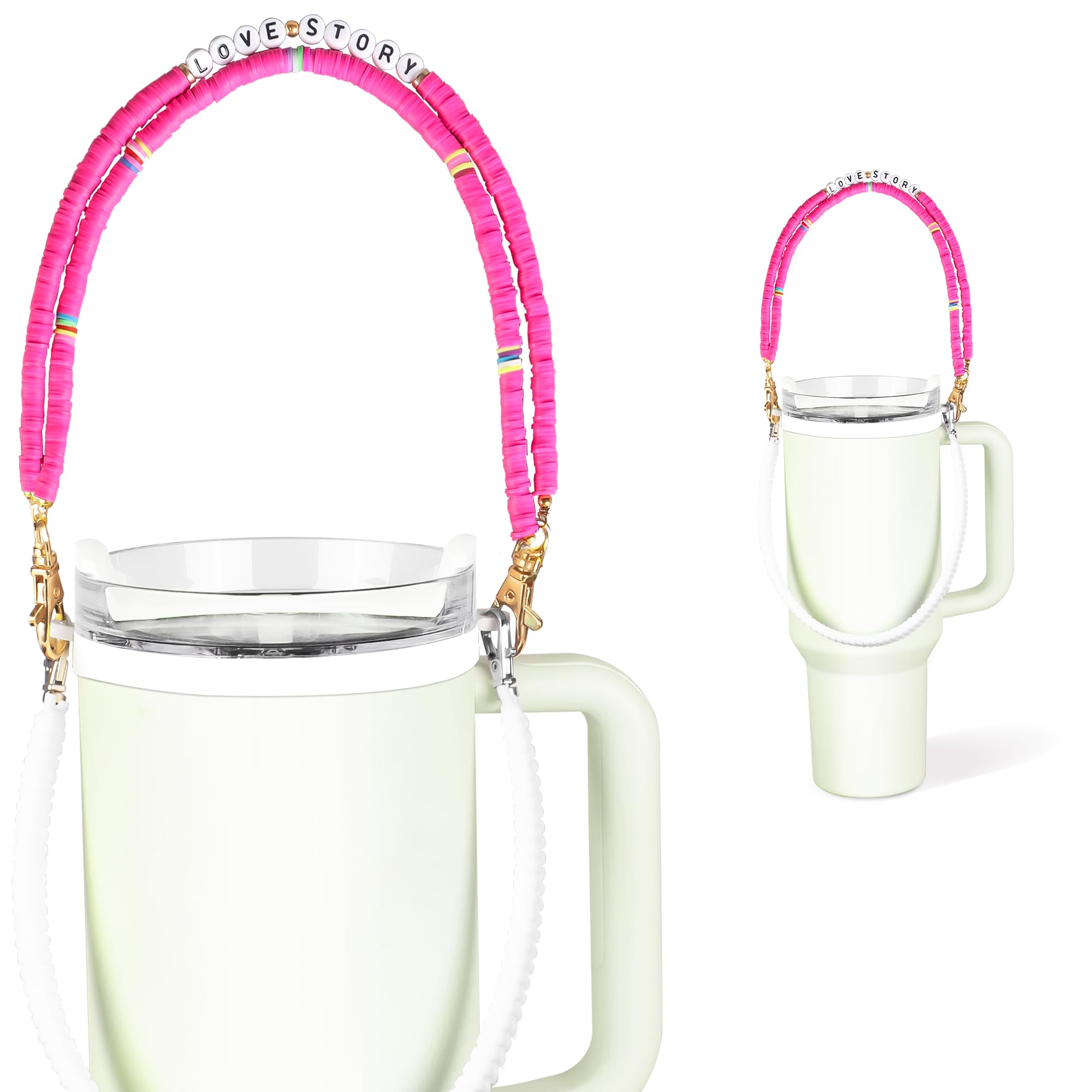 Hot Pink Stanley Cup Holder with Strap, Silicon Water Bottle Handle, Carrier, Lanyard, Holder with Strap, Love Story Beads Stanley Handle, Tumbler