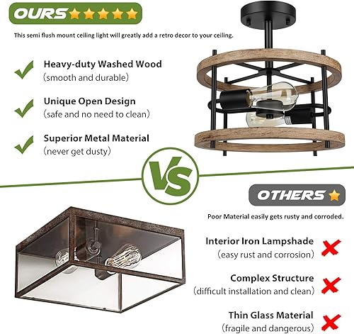 Miniatura 9 de Lakumu Lámpara de techo retro semiempotrada de 2 luces, lámpara de techo de madera rústica vintage de metal negro, lámpara de techo industrial de