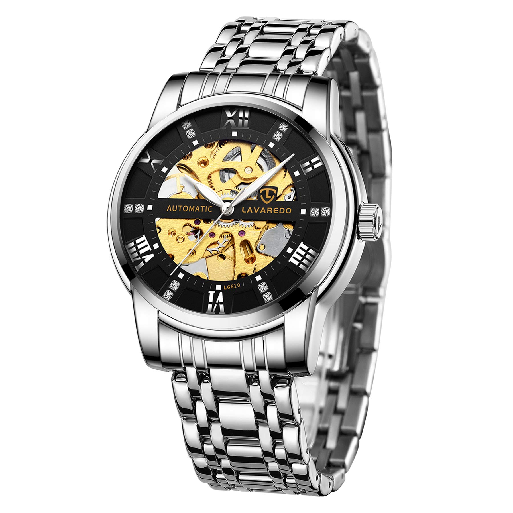 A ALPSMens Watch Skeleton Luxury Mechanical Stainless Steel Waterproof Black Automatic Self-Winding Roman Numerals Diamond Dial Wrist Watch