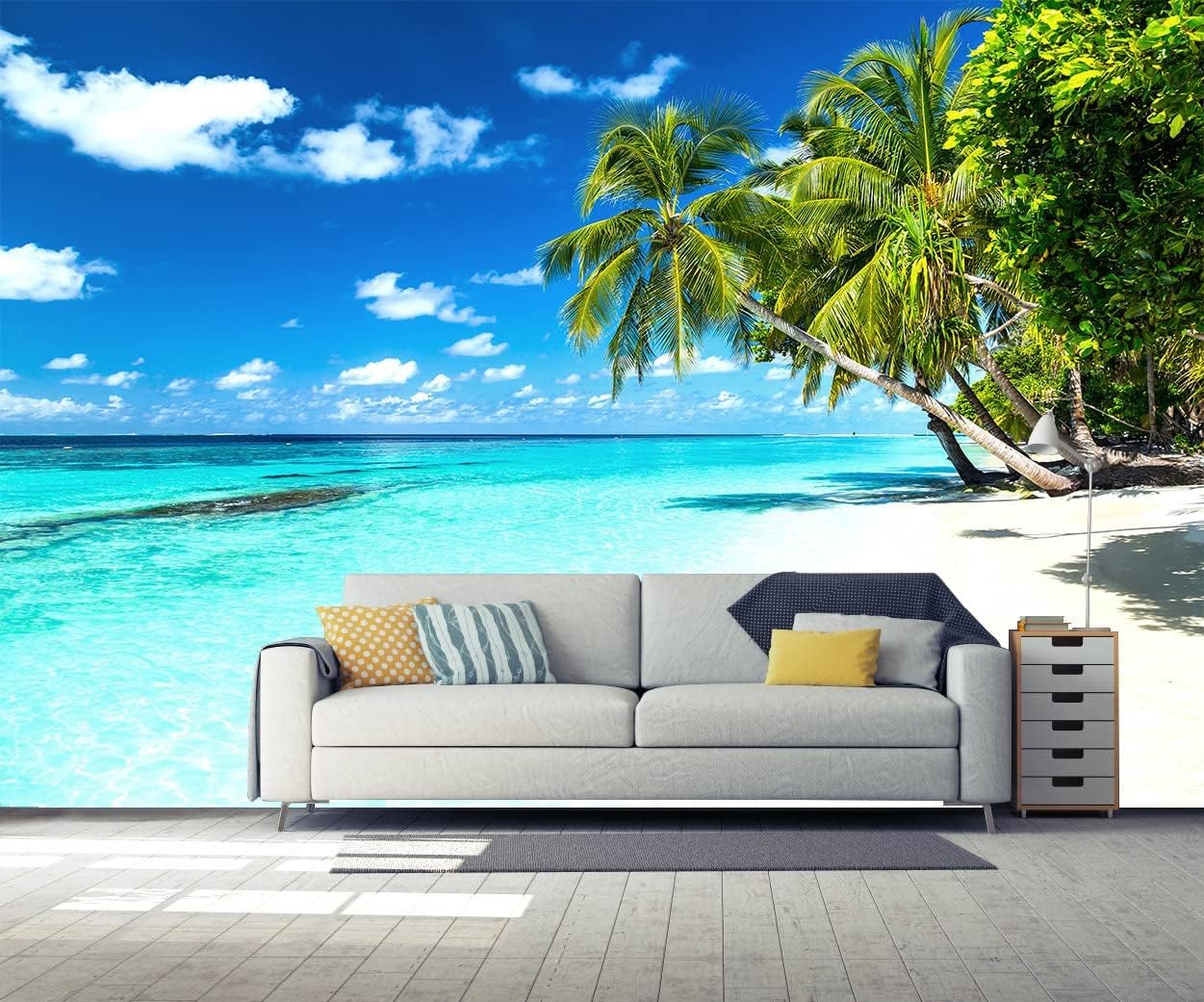 Reyhui Palm Tree Wall Mural Tropic Paradise Beach Seascape Murals Wallpaper for Walls Bedroom Living Room Bedroom TV Background Kids Room Decoration（Not Peel and Stick）