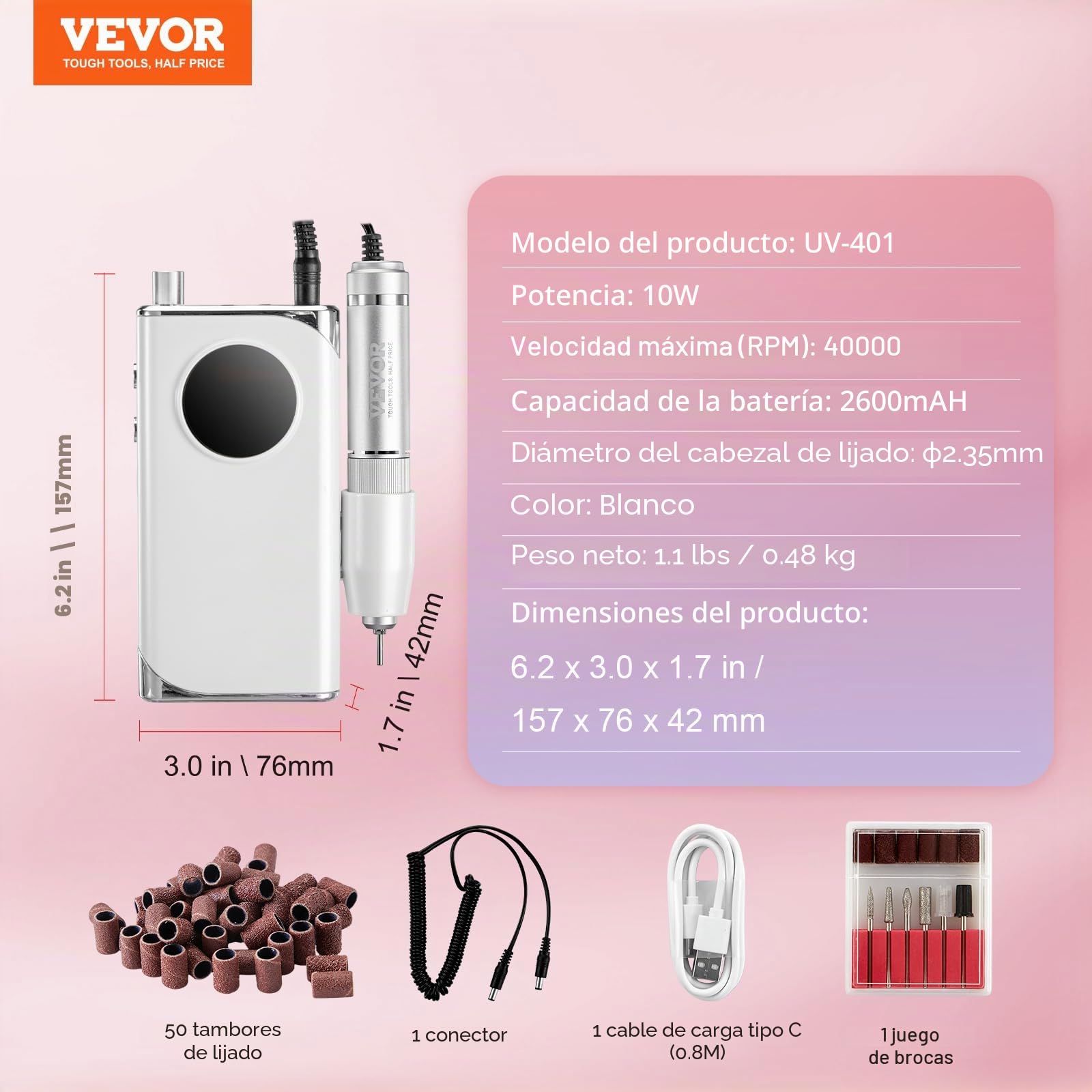 VEVOR Taladro de Uñas Eléctrico Recargable, Máquina de Lima de Uñas Inalámbrica Portátil de 40.000 RPM, Herramienta de Amoladora de Gel Acrílico para Manicura Pedicura Tallar Esmalte, 157 x 76 x 42 mm